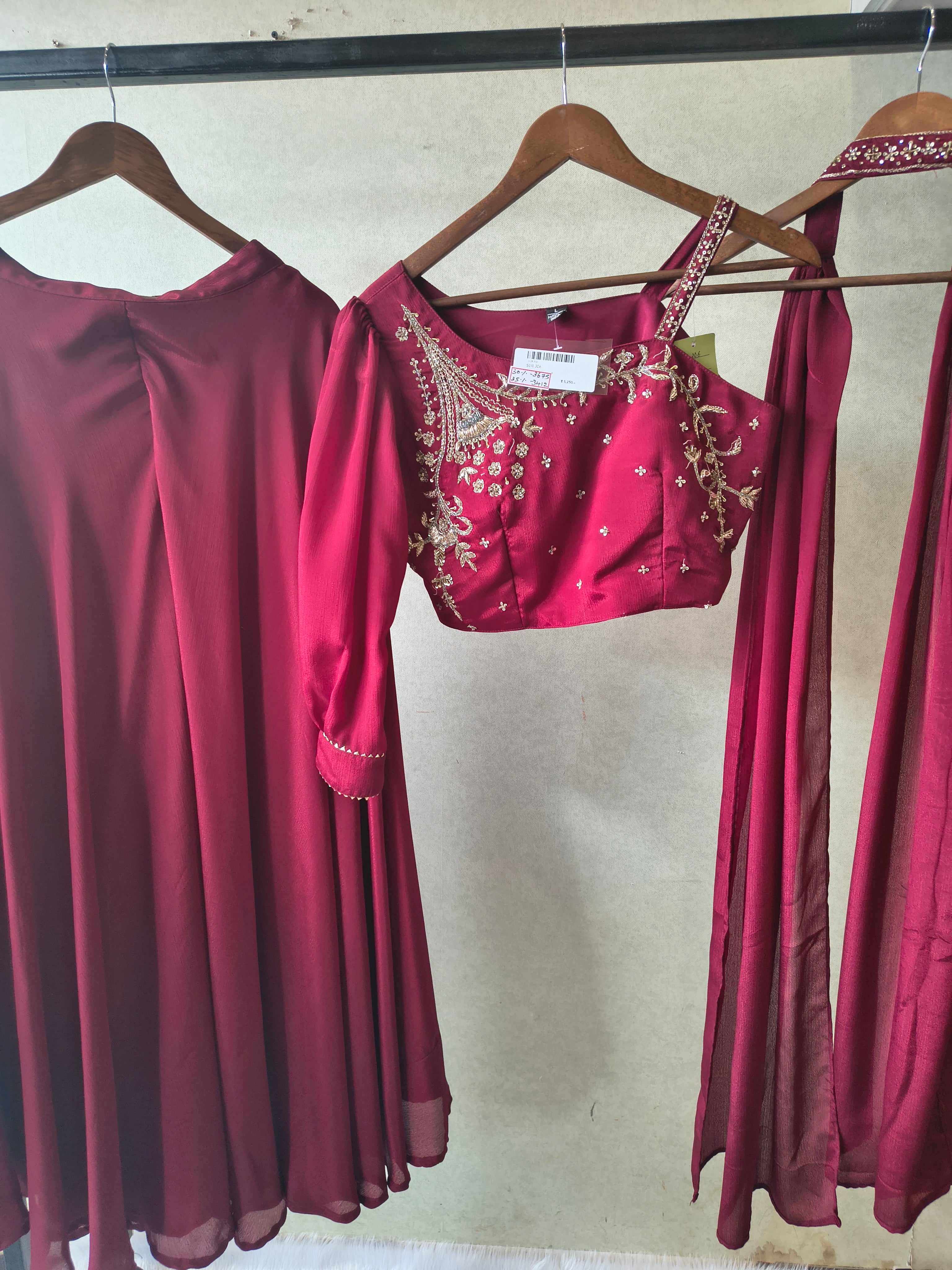 Image of Premium Wine Satin Silk 3-Piece Lehenga Set with Hand Embroidered One-Shoulder Blouse & Dupatta