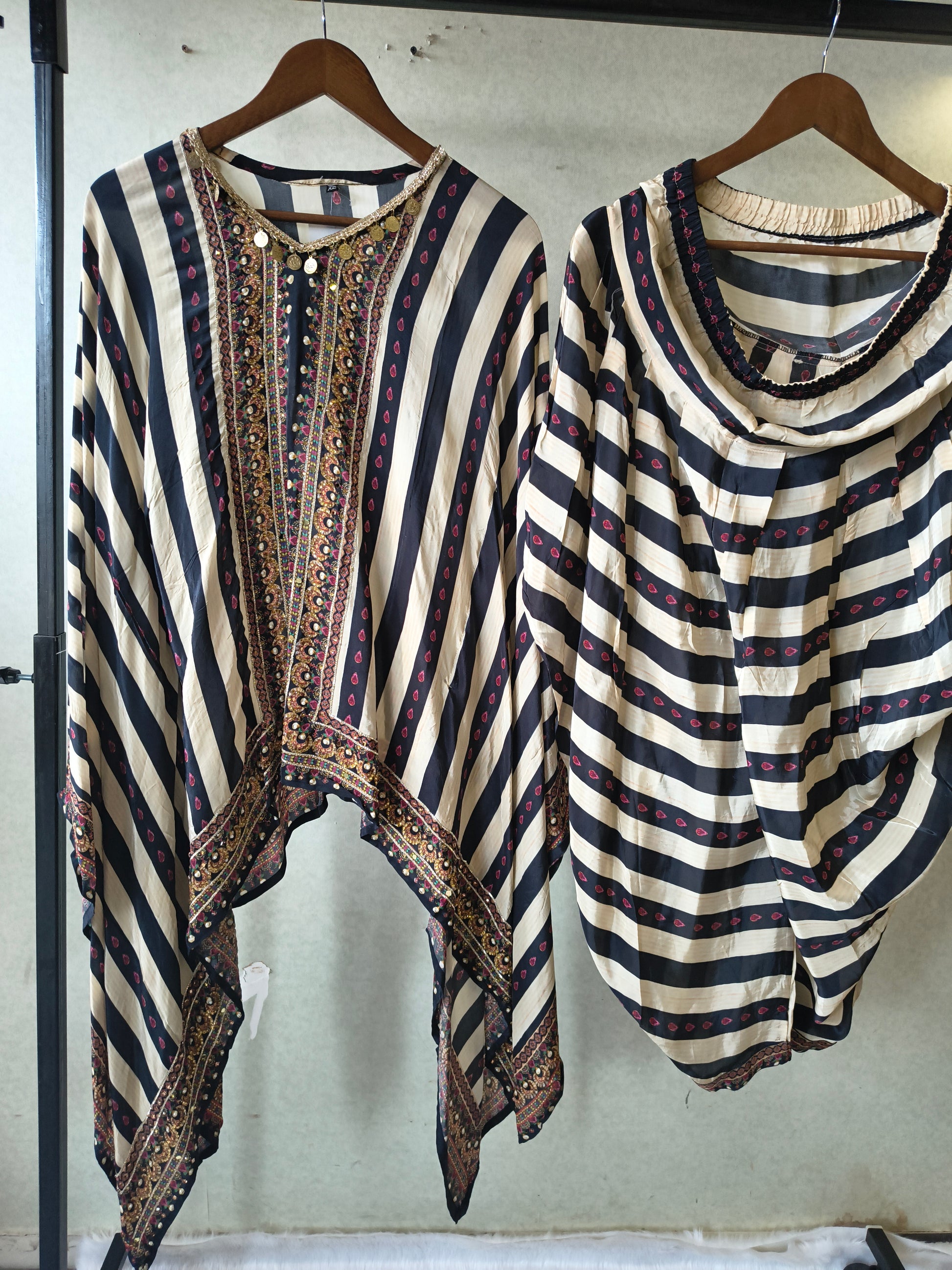 Ivory & Navy Striped Designer Kaftan Co-Ord Set with Embroidered Neckline & Draped Silhouette