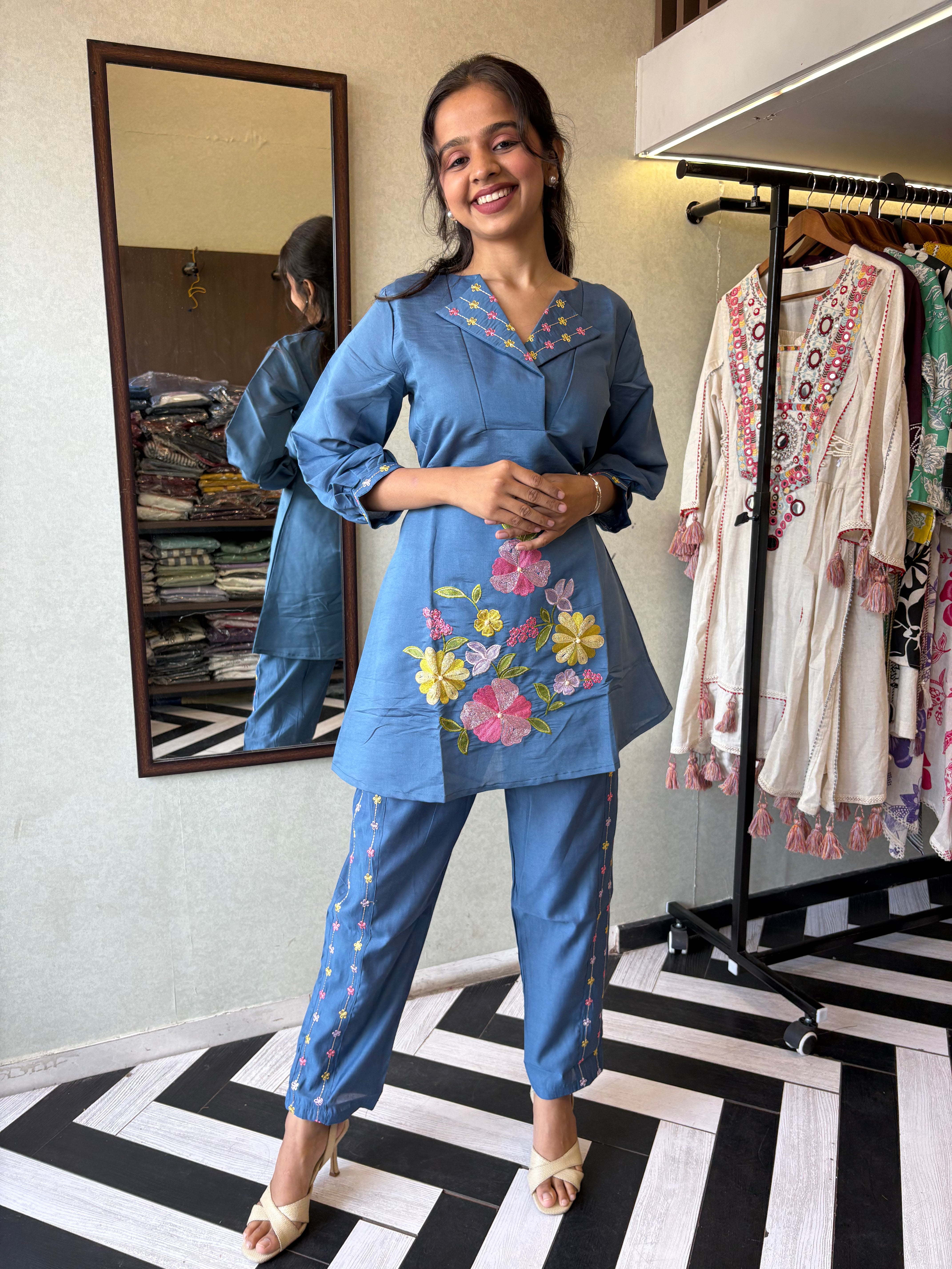 Image of Pure cotton 2-piece coord set, featuring elegant embroidery work!