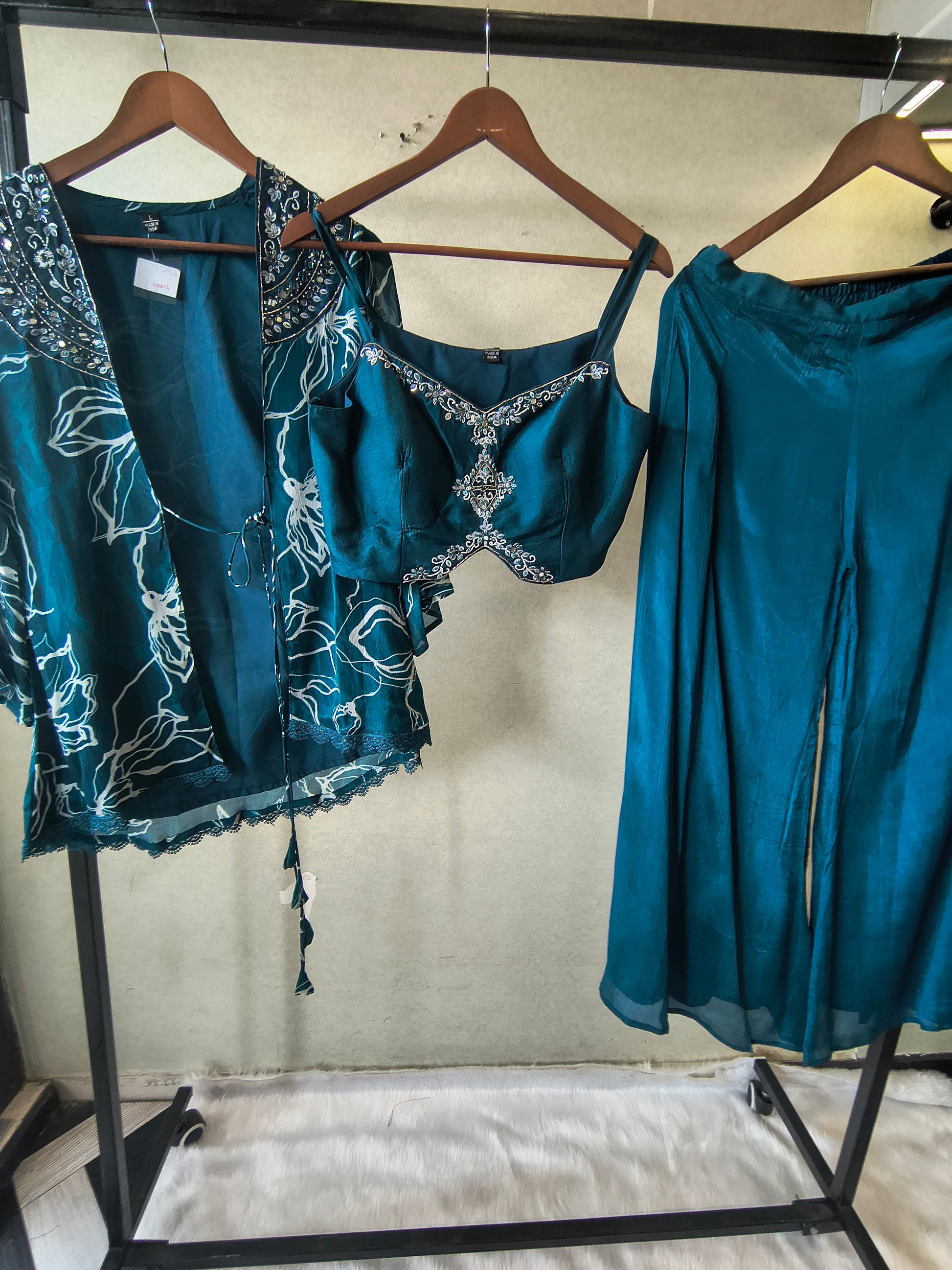 Teal Printed Shrug with Embroidered Designer Bralette & Flared Palazzo – 3 Piece Indo-Western Co-Ord Set