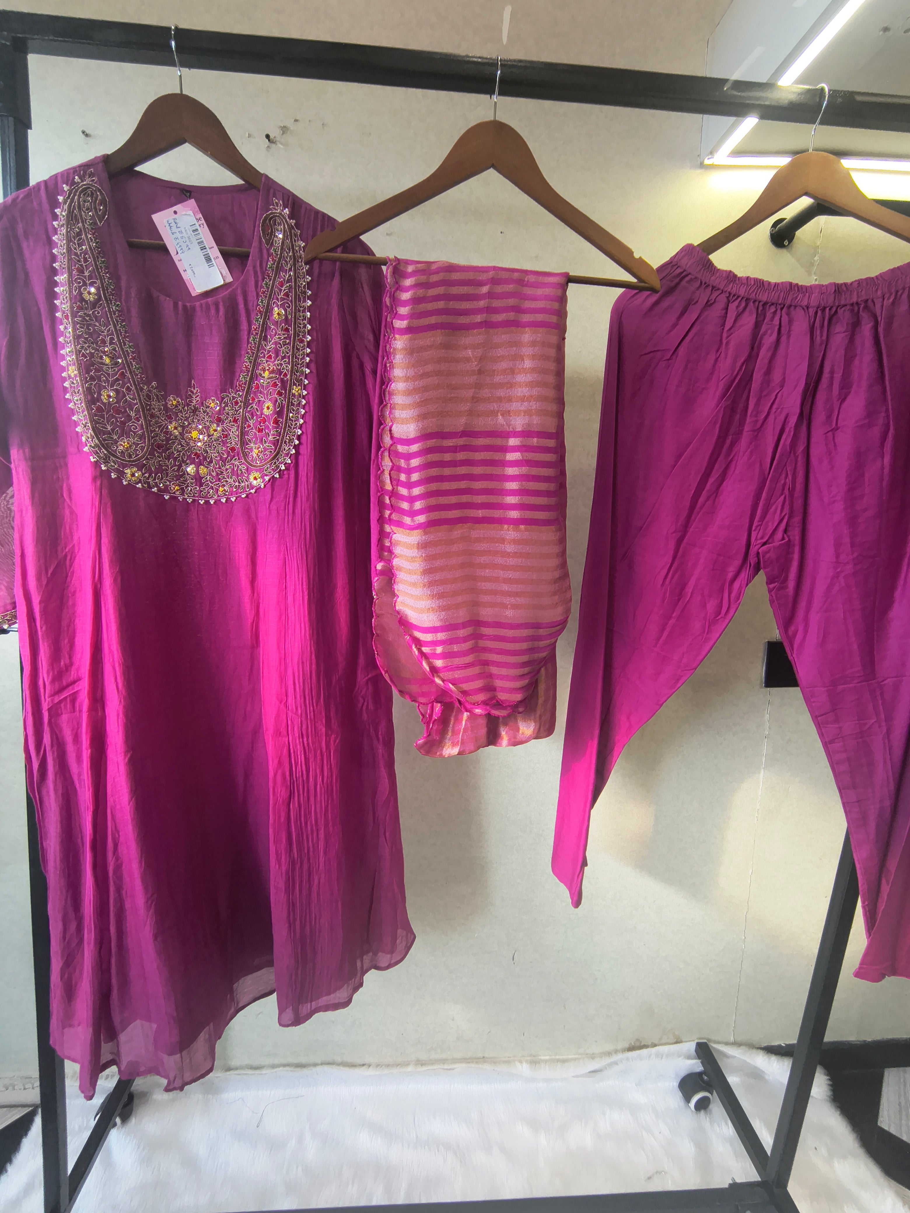 Image of Magenta Embroidered Straight Kurta Set with Heavy Handcrafted Yoke, Striped Organza Dupatta & Premium 3 Piece Ethnic Ensemble