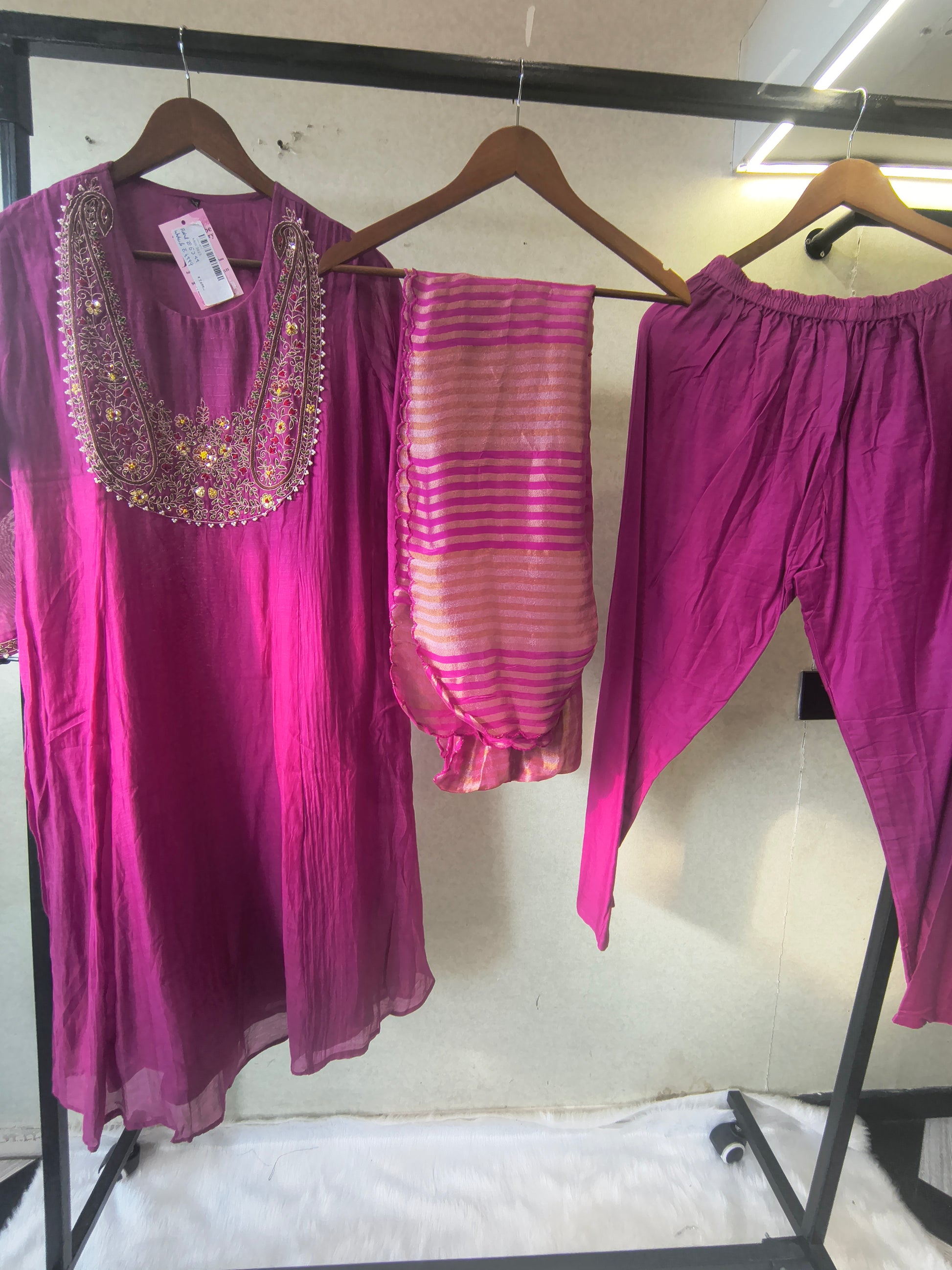 Magenta Embroidered Straight Kurta Set with Heavy Handcrafted Yoke, Striped Organza Dupatta & Premium 3 Piece Ethnic Ensemble