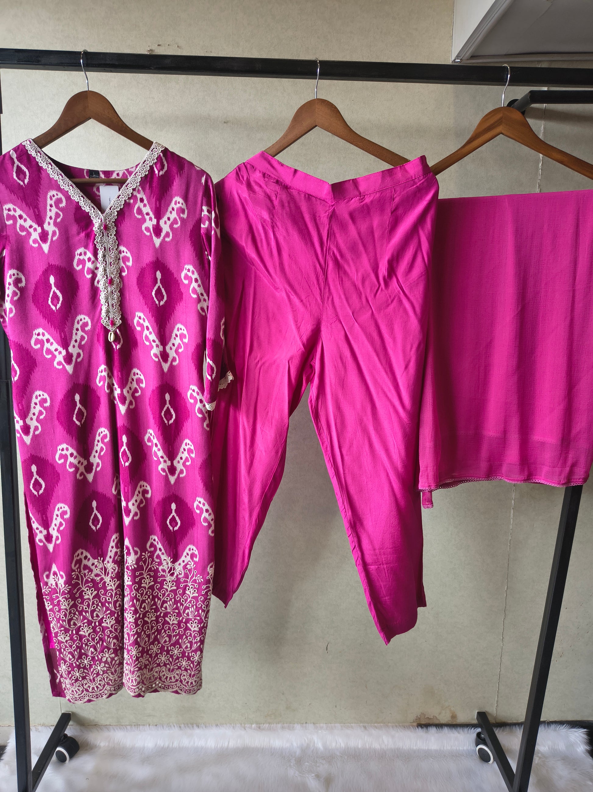 Premium Magenta Ikat Printed Cotton Kurta Set with Solid Pants & Dupatta