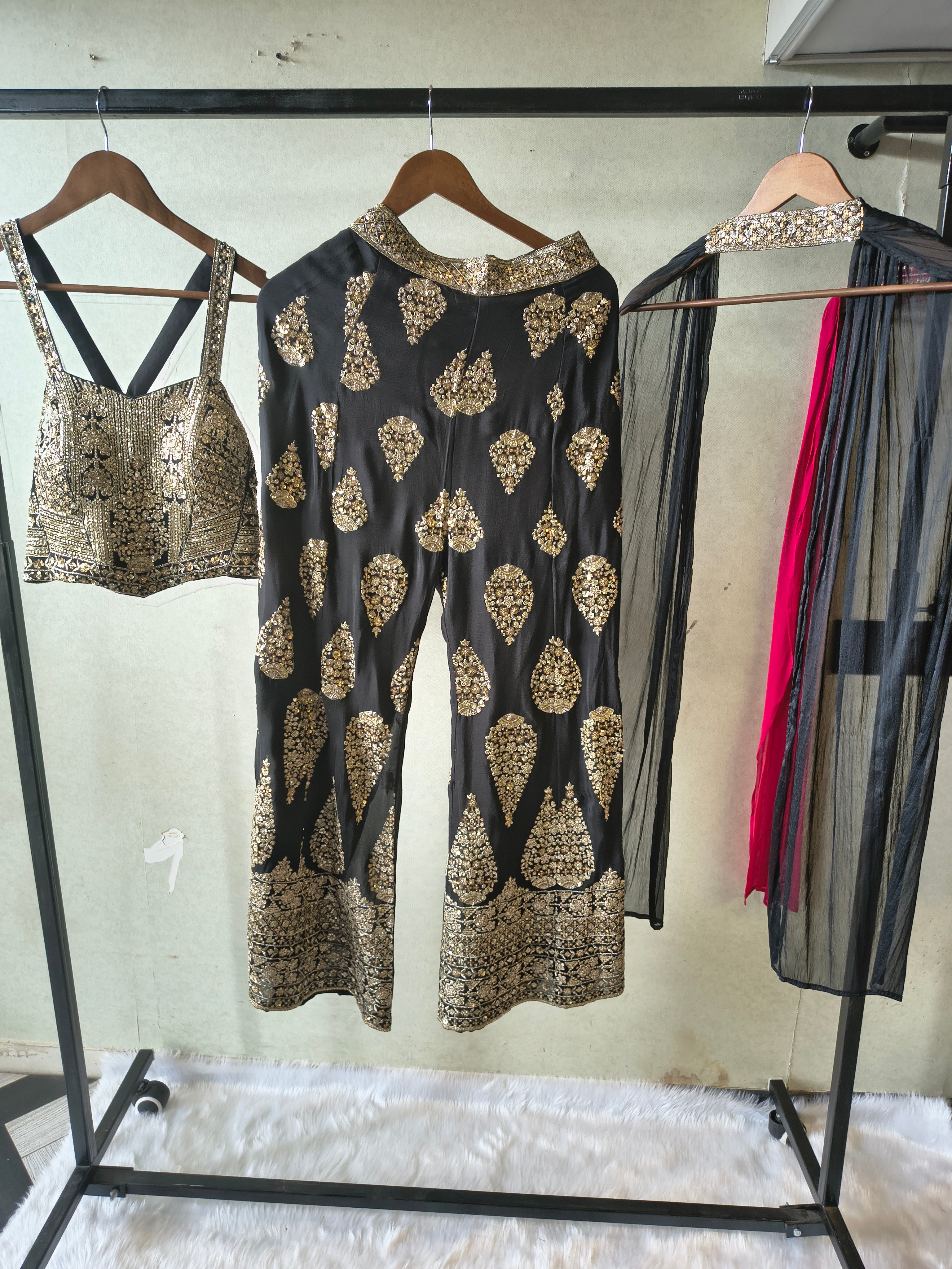 Image of Luxury Black Hand-Embroidered Bustier & Palazzo Set with Embellished Net Dupatta – 3 Piece Designer Ensemble