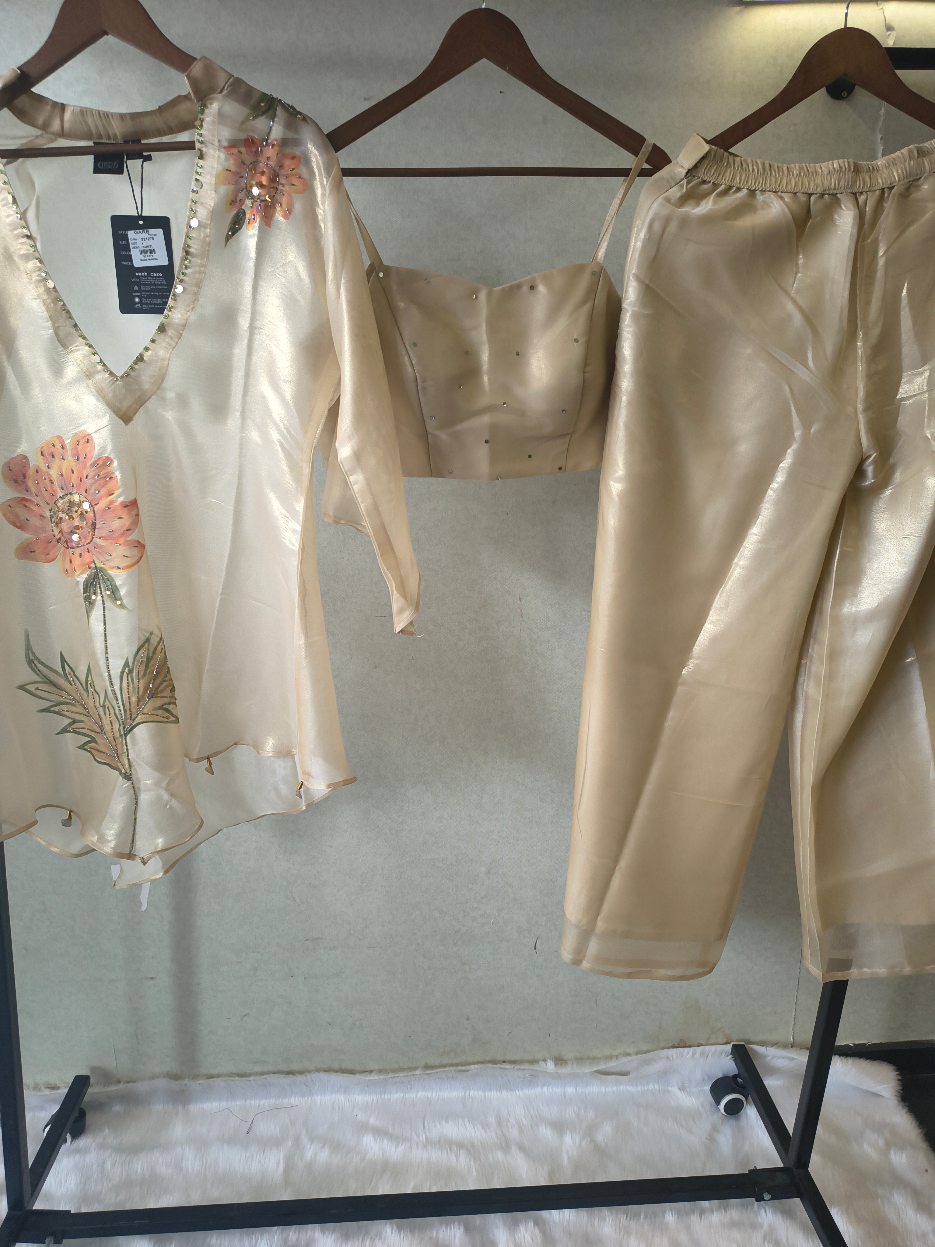 Image of Champagne Gold Floral Hand-Painted Kaftan Co-ord Set with Embellished Blouse & Satin Palazzo