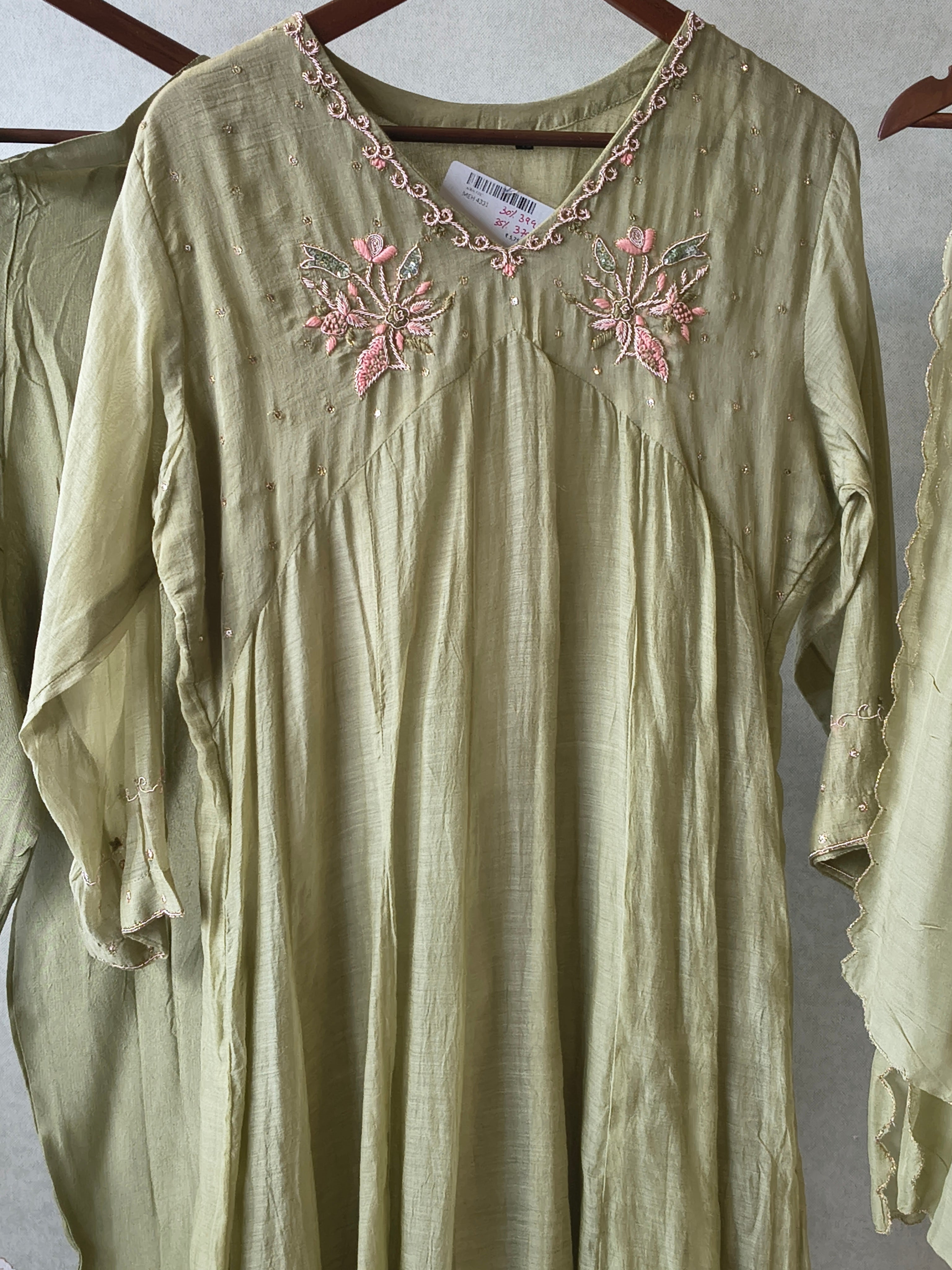 Image of Premium Olive Green Embroidered A-Line Kurta Set with Dupatta