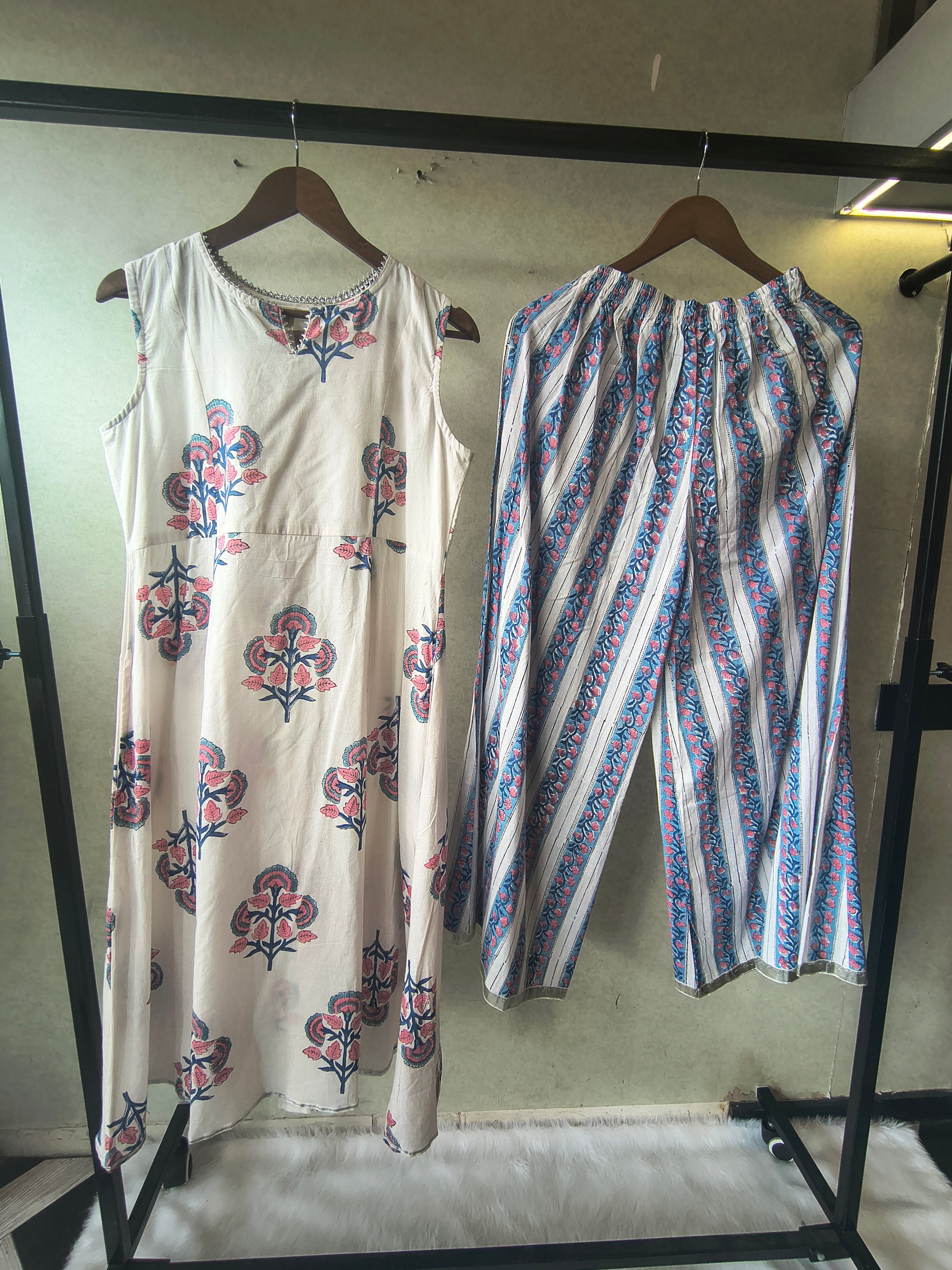 Premium Ivory Floral Block Print Sleeveless Kurta with Printed Palazzo Pants Co-Ord Set