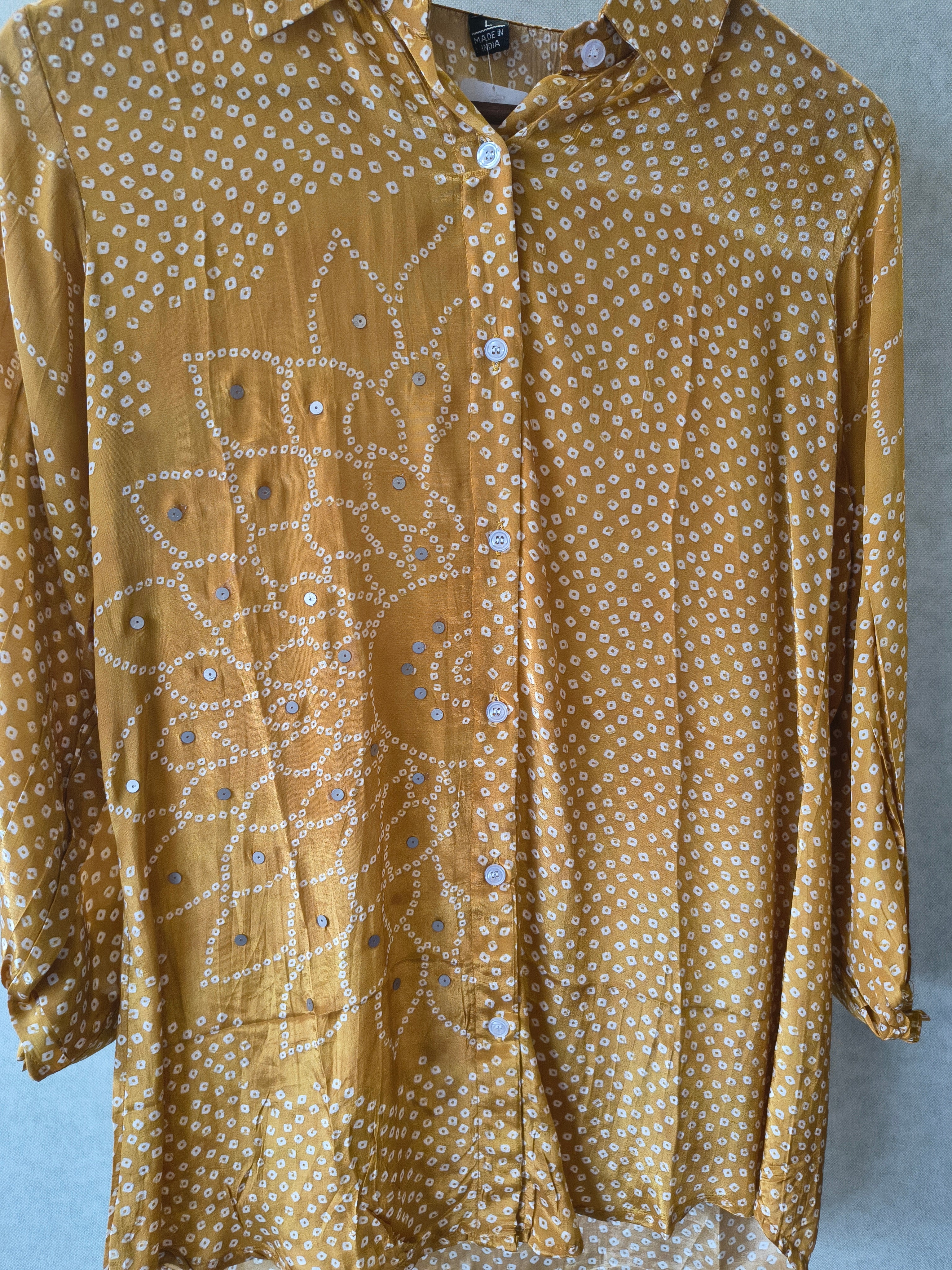 Image of Mustard Bandhani Floral Mirror Work Shirt Style Tunic