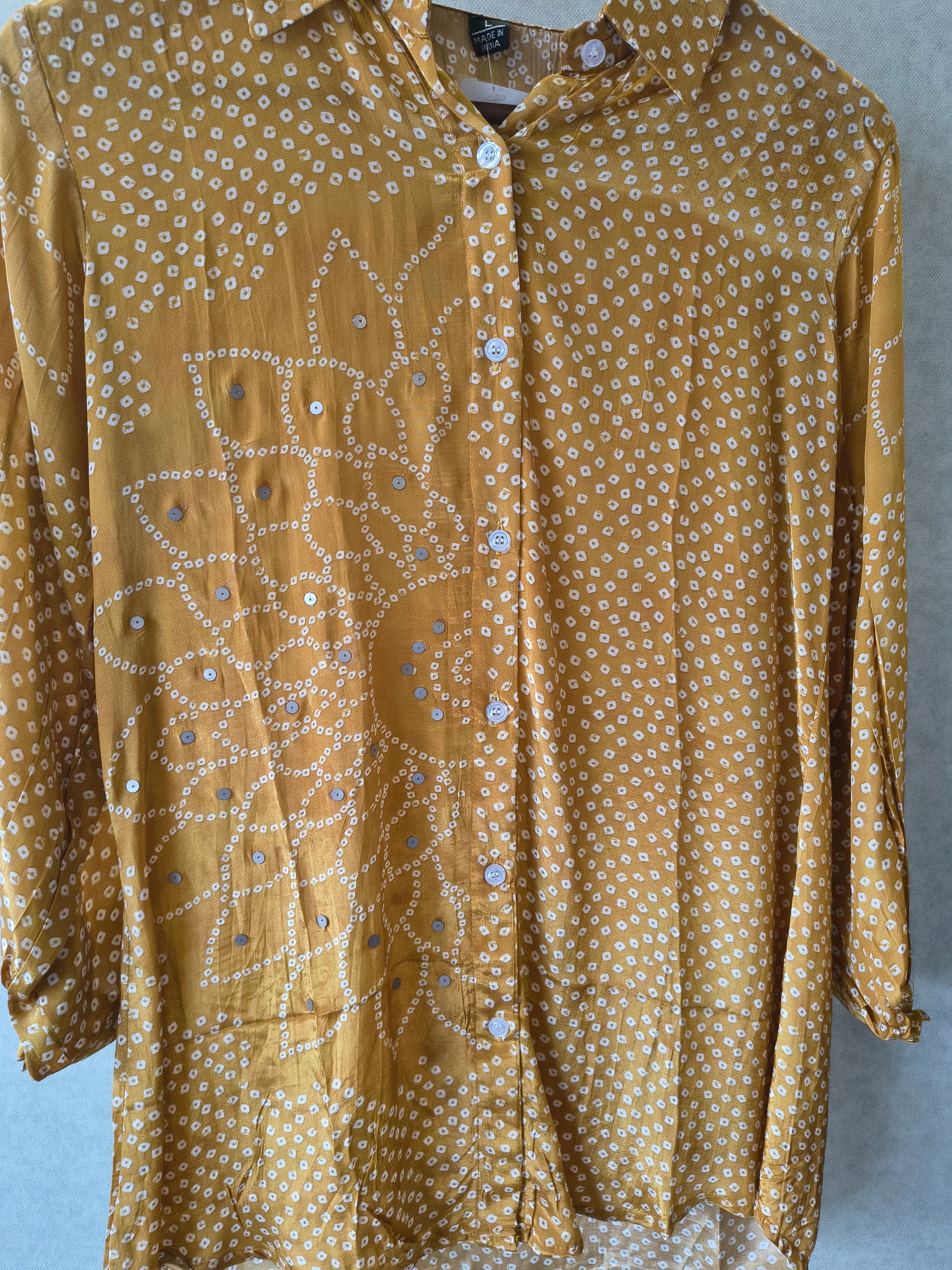 Mustard Bandhani Floral Mirror Work Shirt Style Tunic