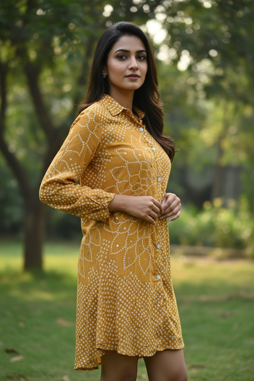 Image of Mustard Bandhani Floral Mirror Work Shirt Style Tunic