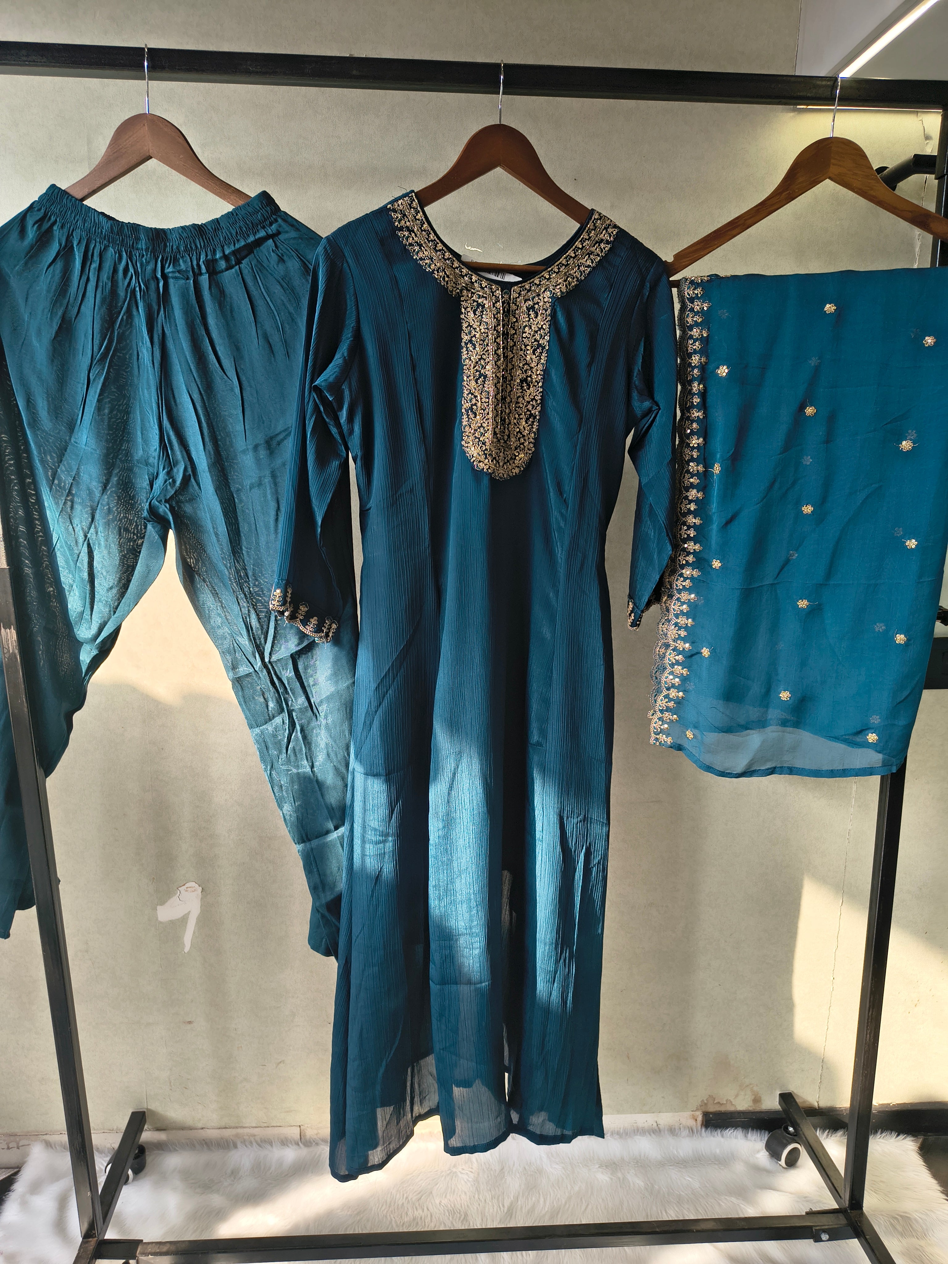 Image of Premium Teal Blue Embroidered Straight Kurta with Salwar Pants & Embellished Dupatta Set