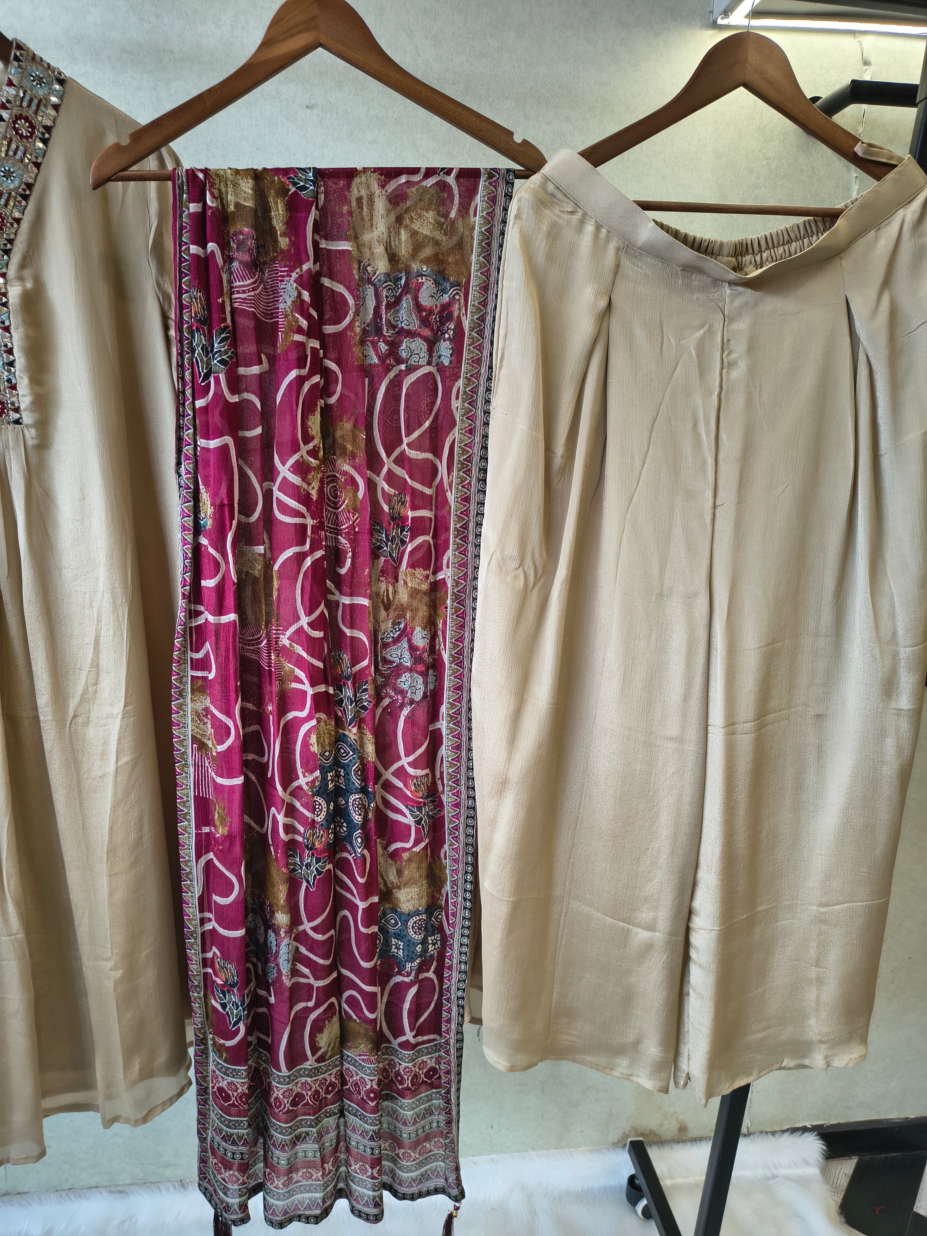 Image of Ivory Beige Embroidered Designer Kurta Set with Printed Dupatta | Premium 3 Piece Ethnic Suit