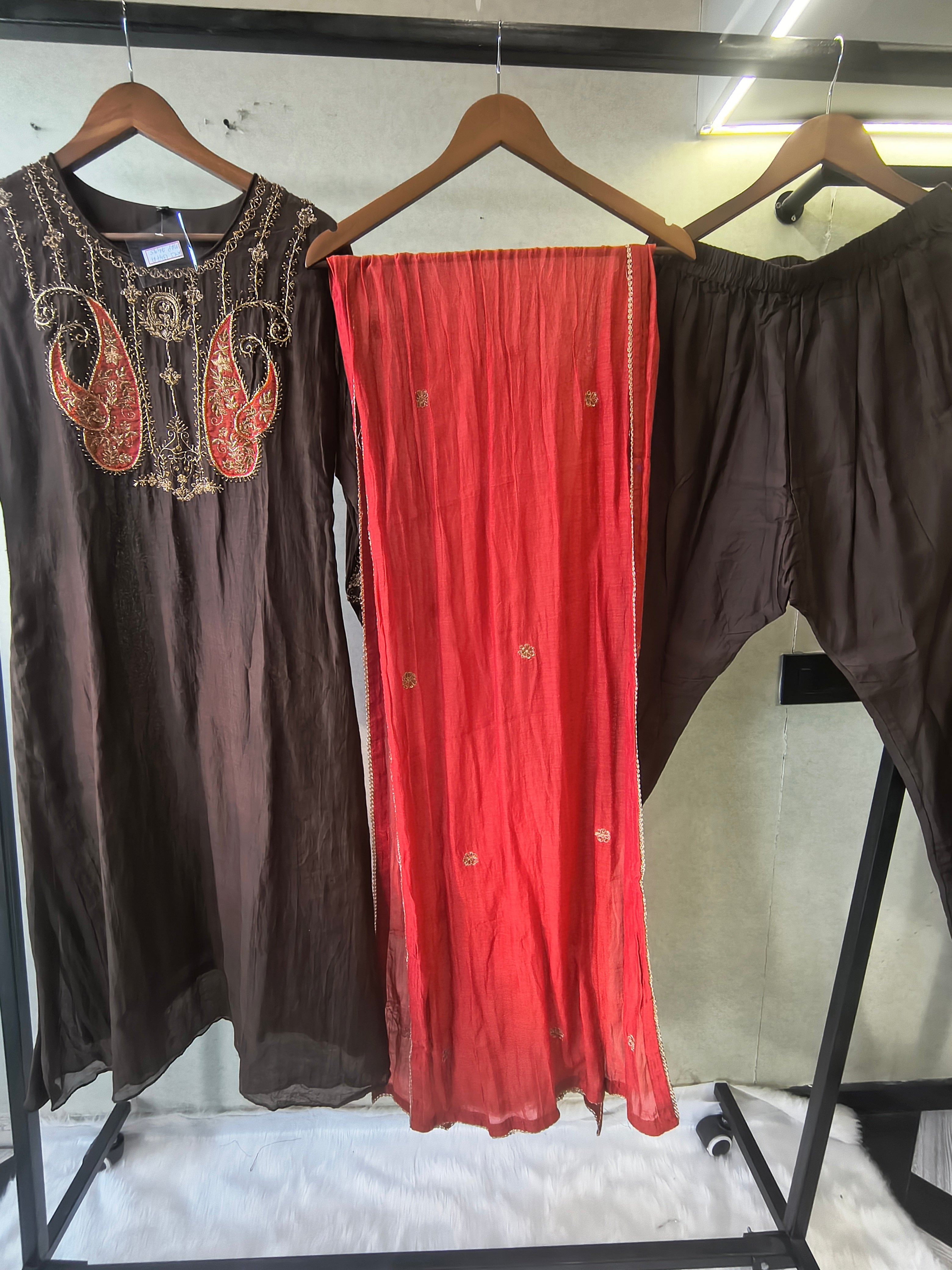 Image of Midnight Black Embroidered Straight Kurta Set with Statement Paisley Yoke, Contrast Crimson Dupatta & Premium 3 Piece Ethnic Ensemble