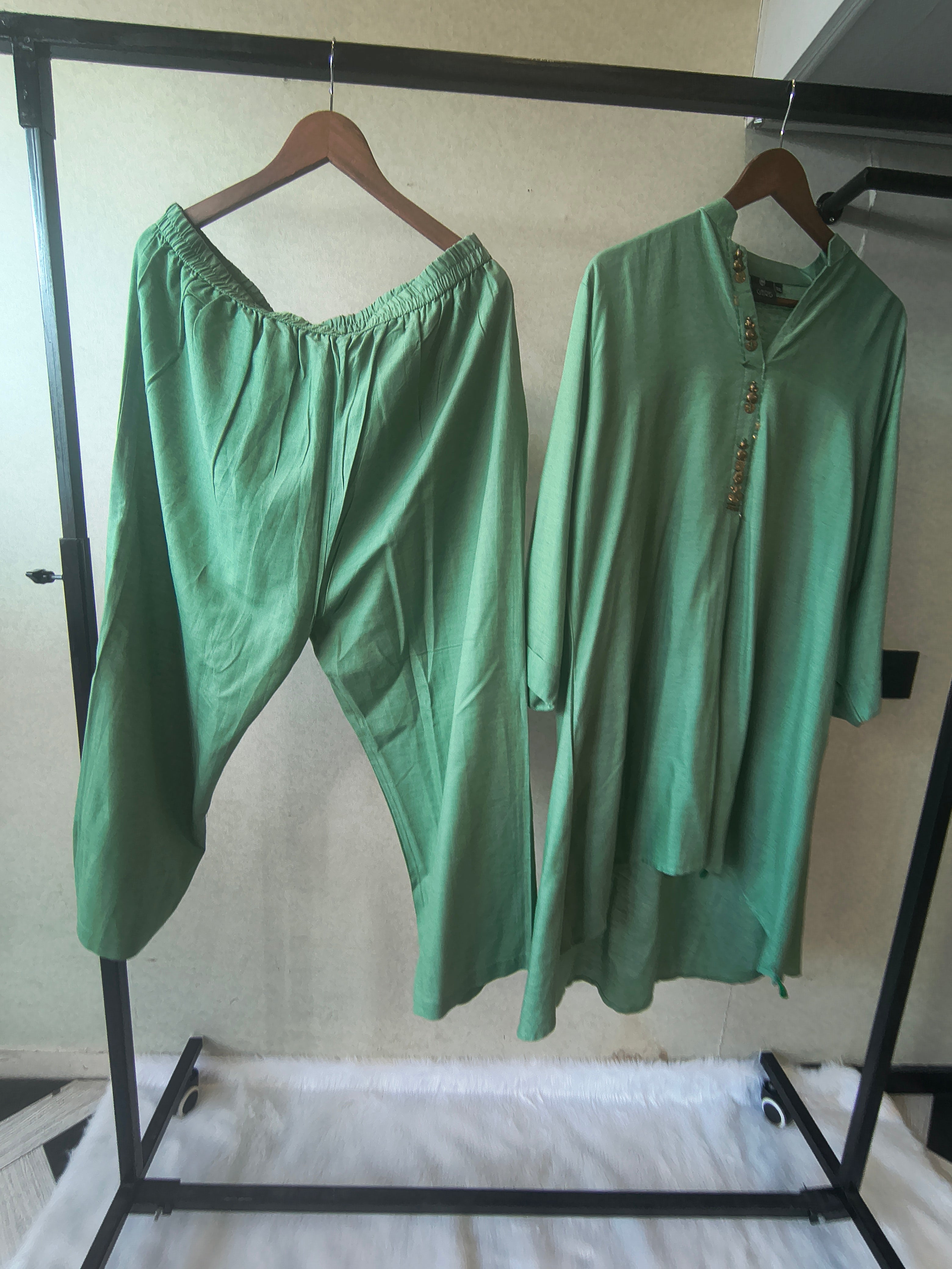 Image of Premium Sage Green Designer Co-Ord Kurta Set with Antique Button Detailing