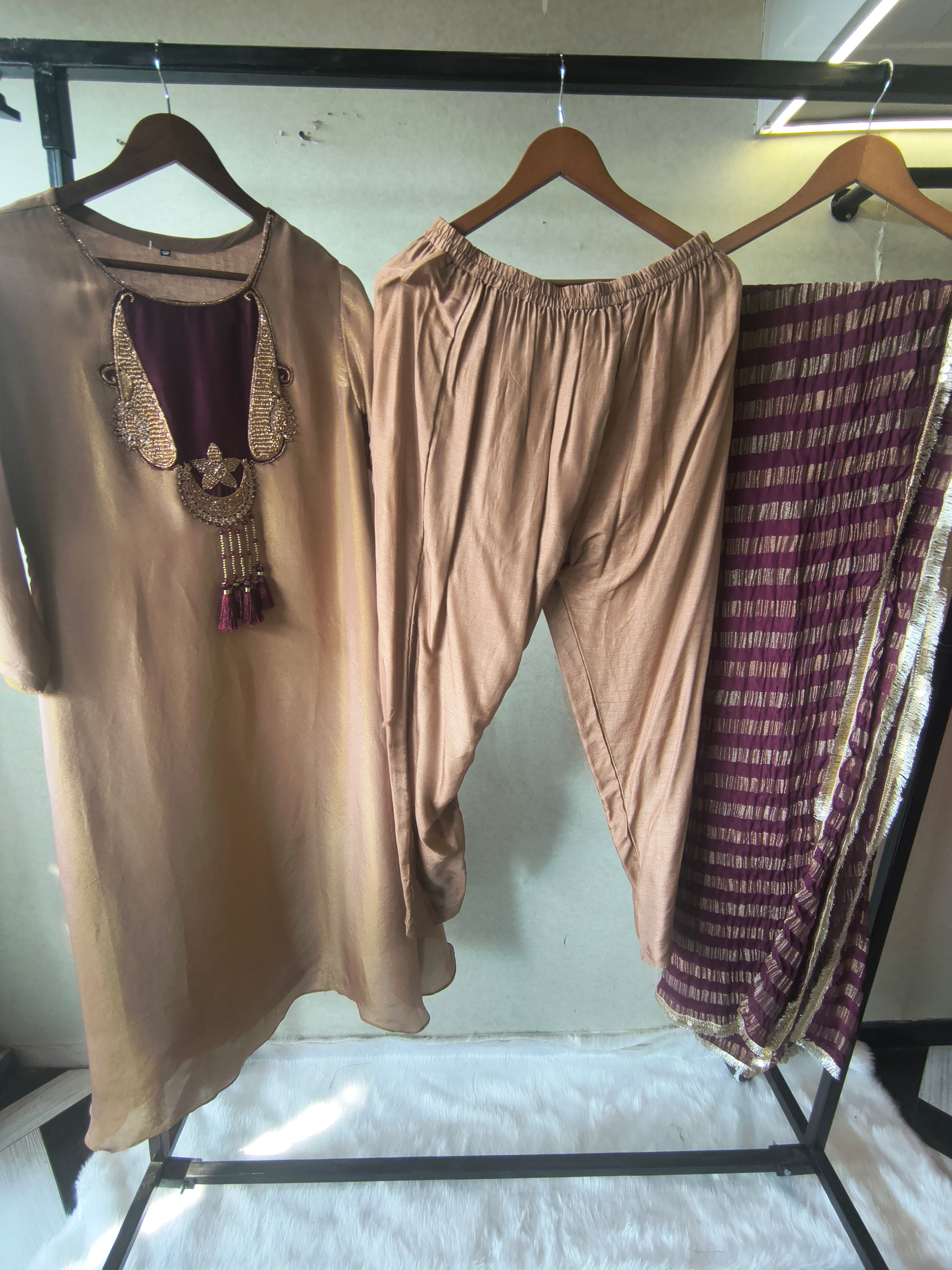 Image of Champagne Gold Silk Blend Kurta Set with Statement Hand-Embellished Neckline & Striped Designer Dupatta – Premium 3 Piece Ethnic Ensemble