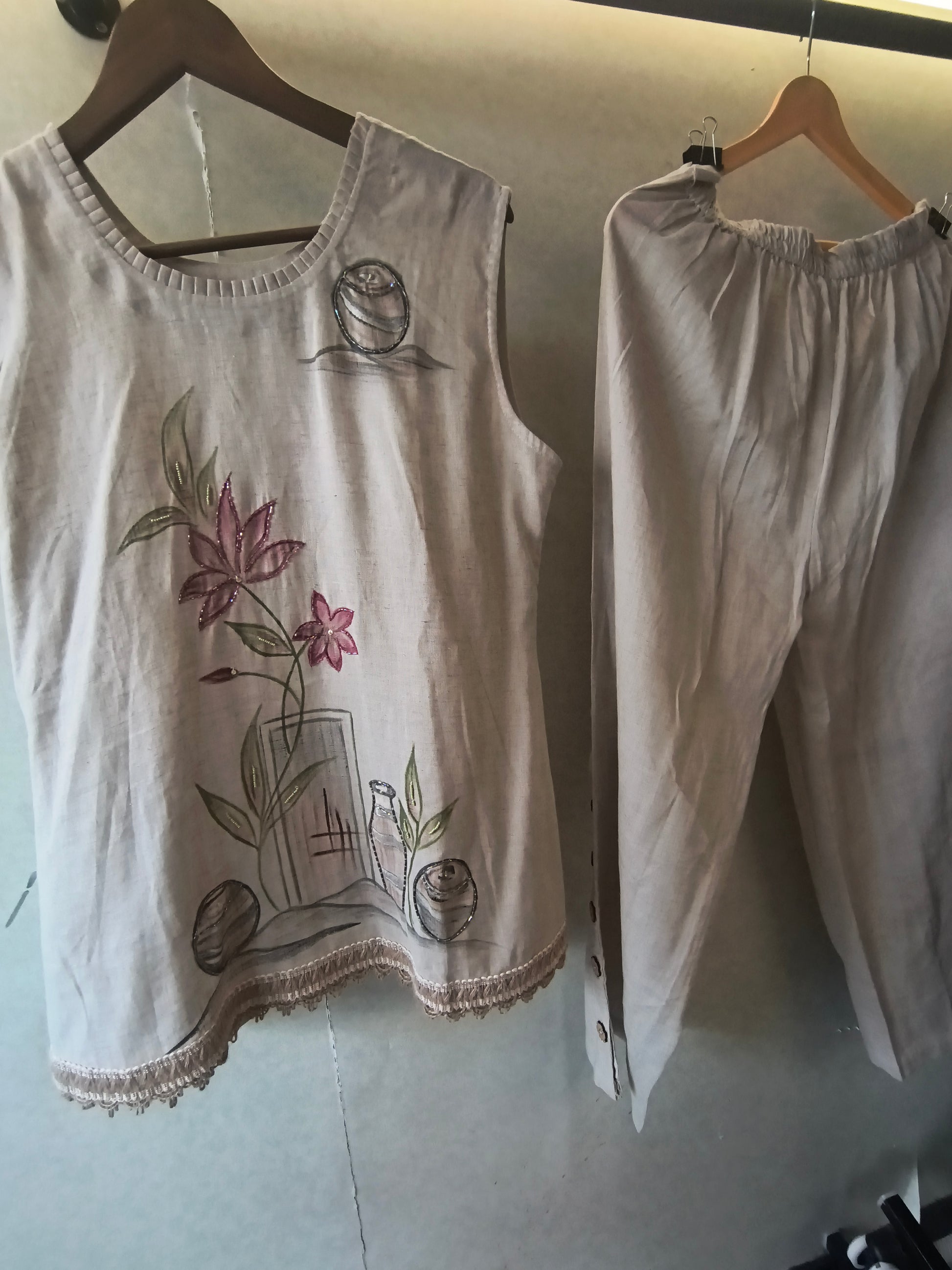 Ivory Floral Hand-Painted Linen Co-Ord Set