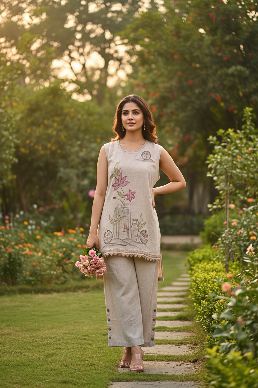 Ivory Floral Hand-Painted Linen Co-Ord Set