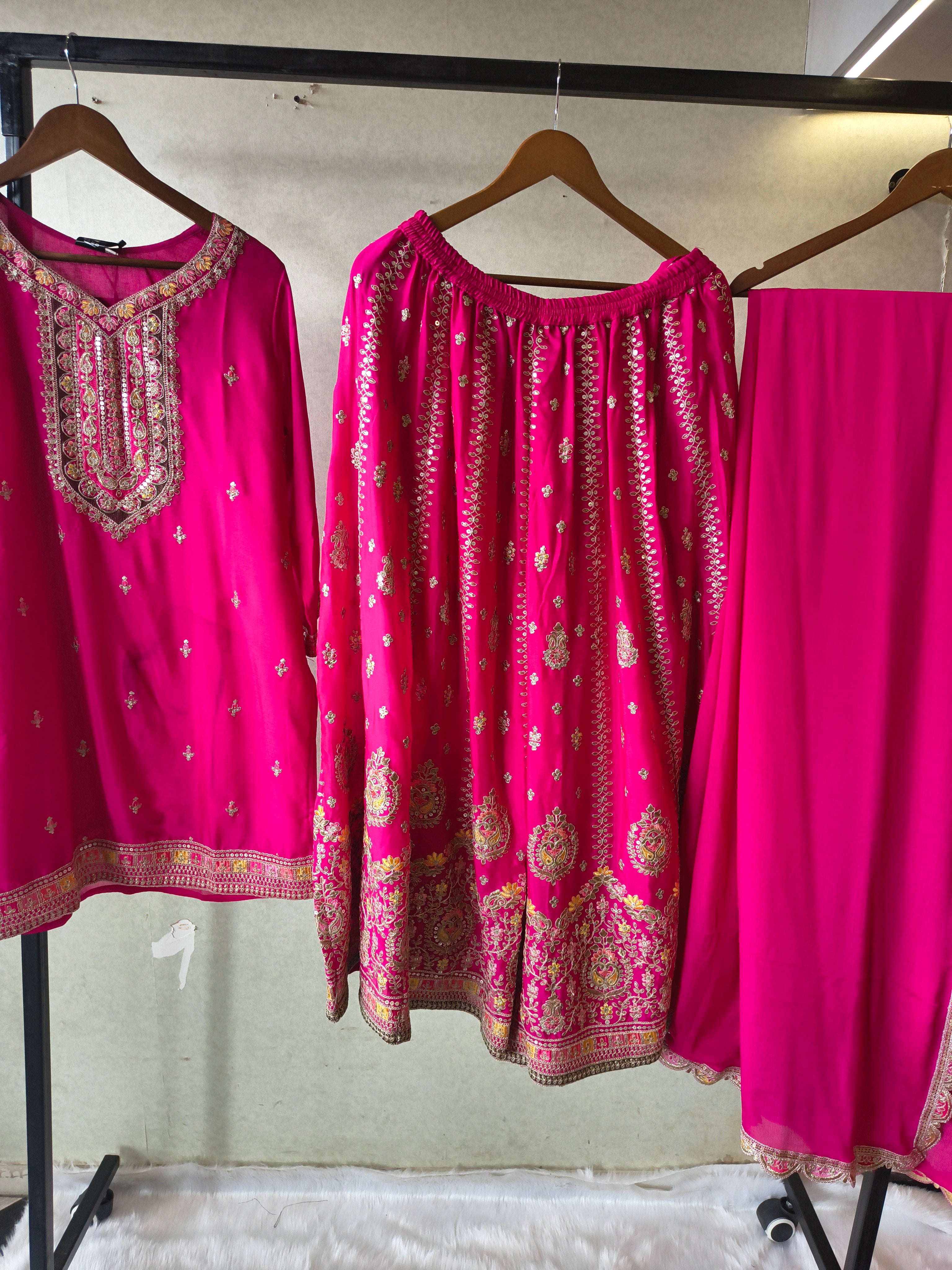 Image of Rani Pink Embroidered Kurta Sharara Set with Scalloped Dupatta – Premium 3 Piece Festive Ensemble