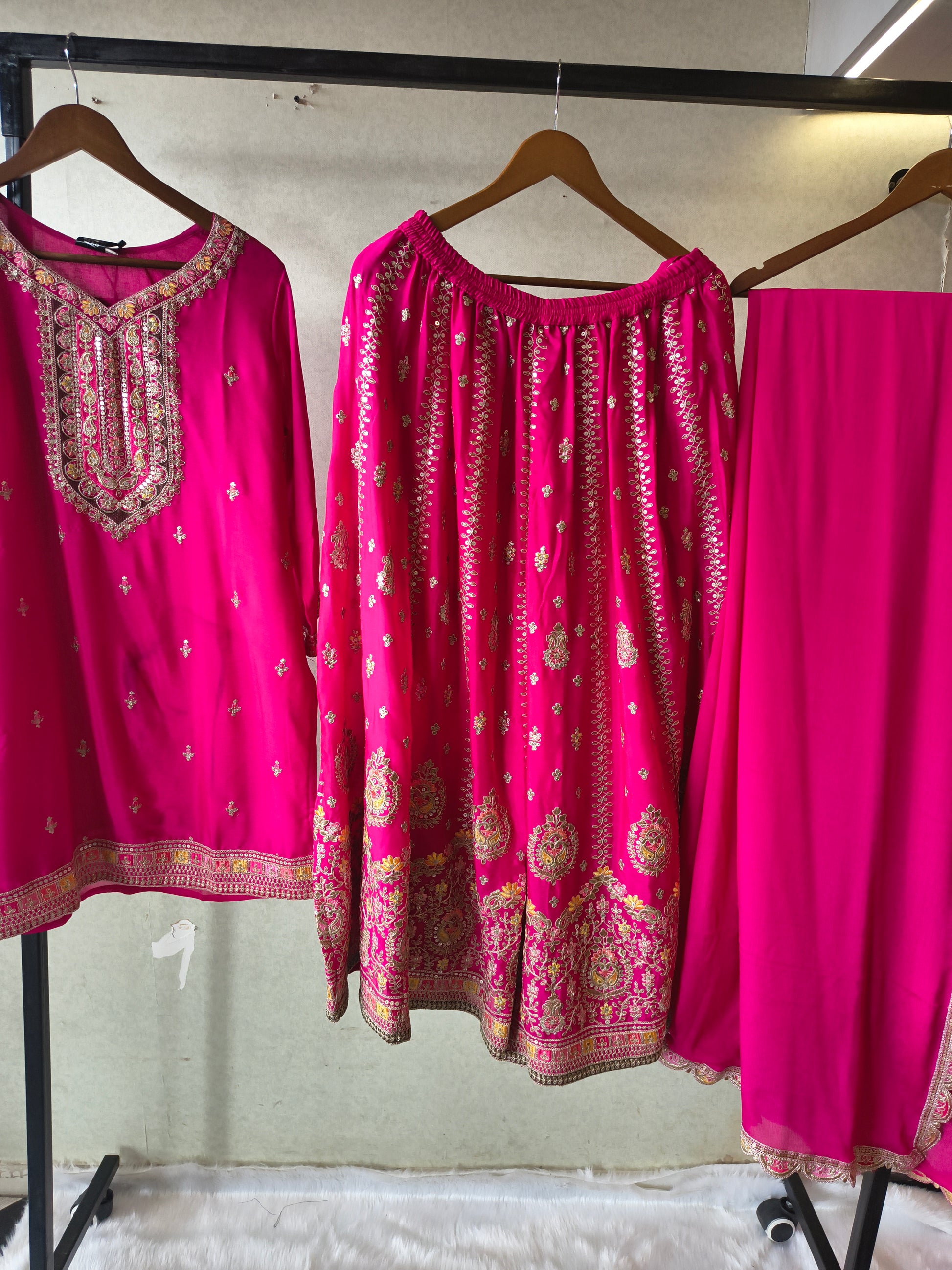 Rani Pink Embroidered Kurta Sharara Set with Scalloped Dupatta – Premium 3 Piece Festive Ensemble
