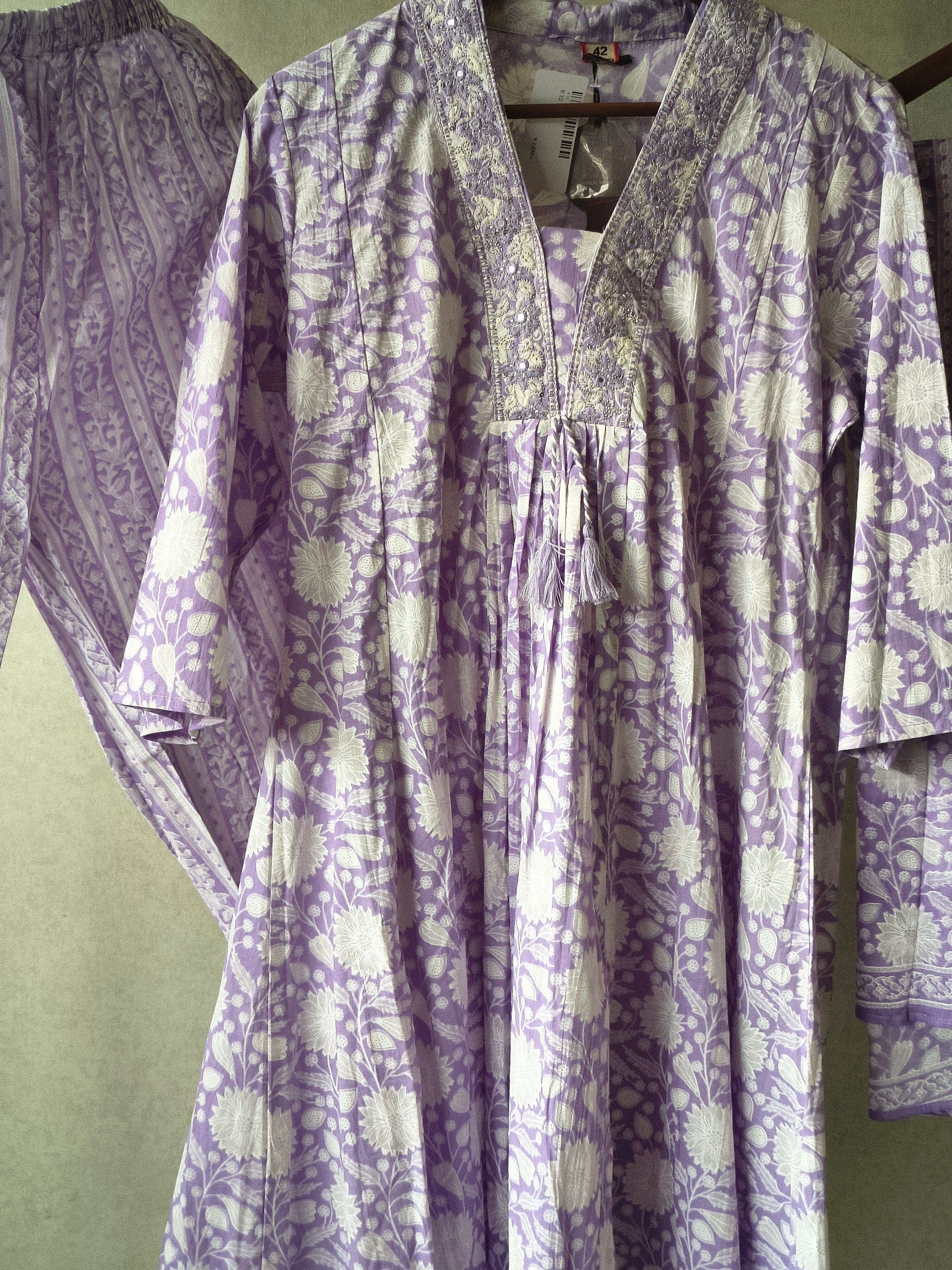 Image of Premium Lavender Floral Printed Cotton Anarkali Kurta Set with Striped Pants & Printed Dupatta