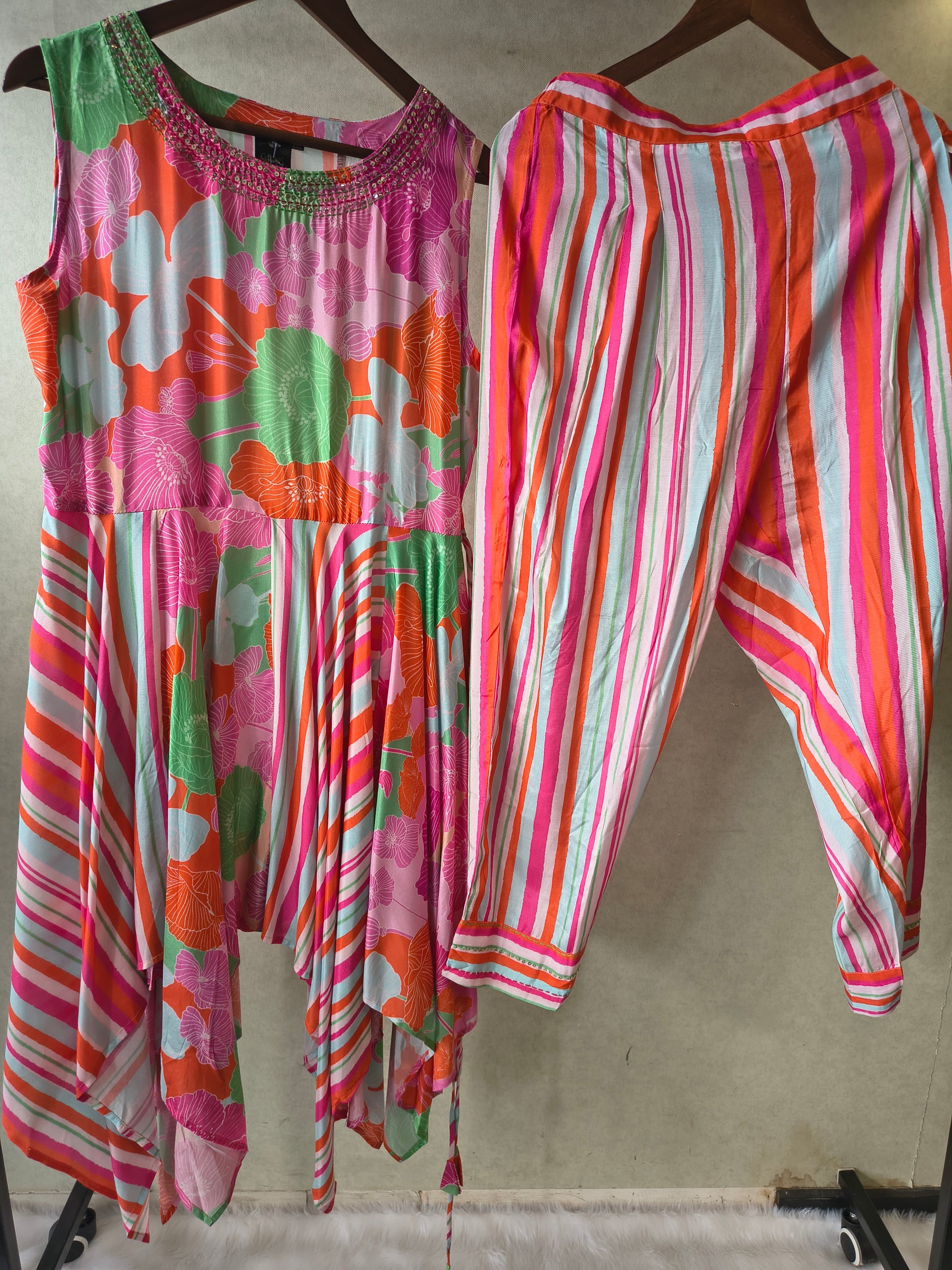 Premium Tropical Floral Handkerchief Kurta with Striped Tapered Pants Co-Ord Set