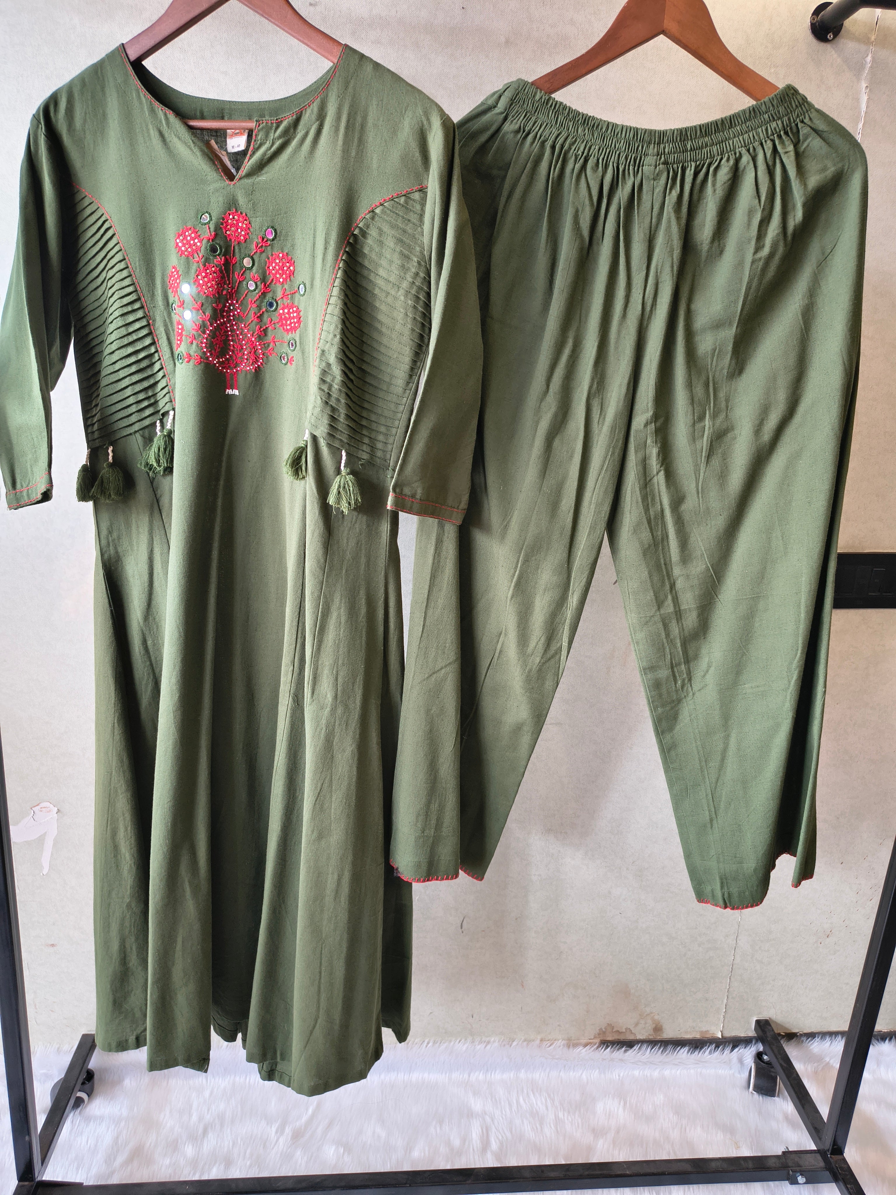 Image of Tadko Olive Green Embroidered Cotton Kurta & Pant Co-Ord Set