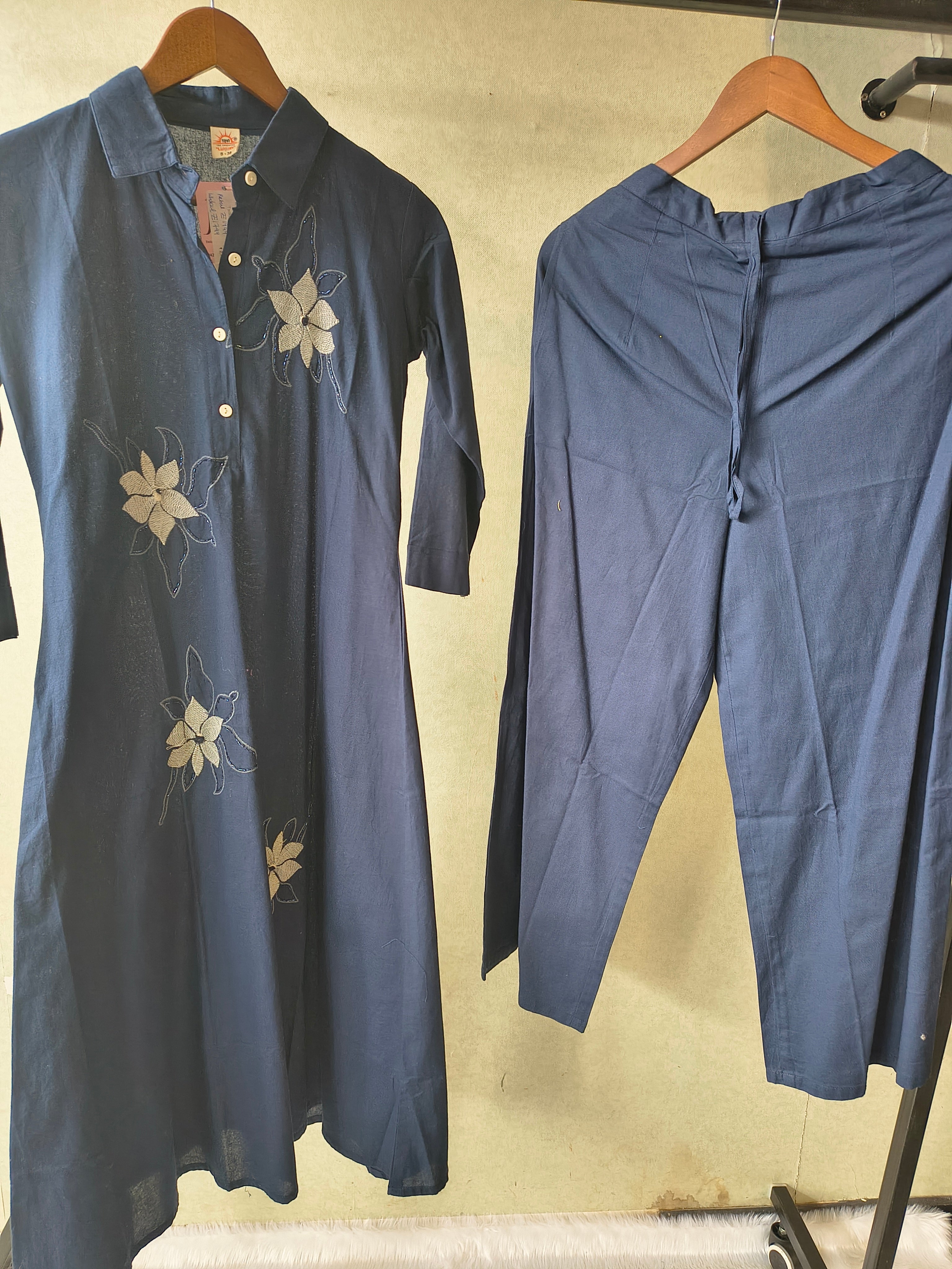Image of Tadko Premium Navy Blue A-Line Kurta Set with Floral Appliqué Embroidery & Straight Pants