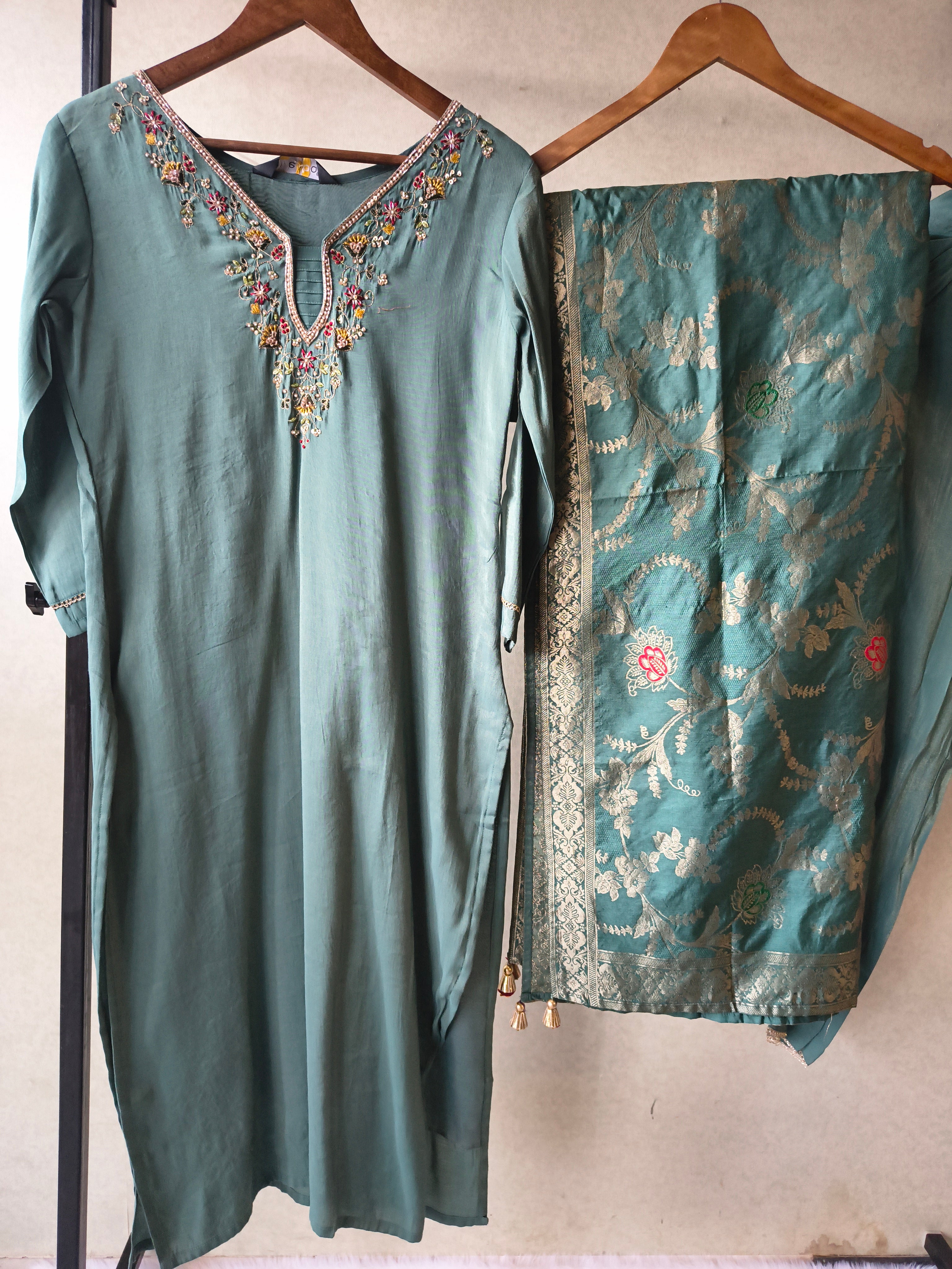 Image of Premium Teal Silk Blend Embroidered Kurta Set with Woven Dupatta & Straight Pants