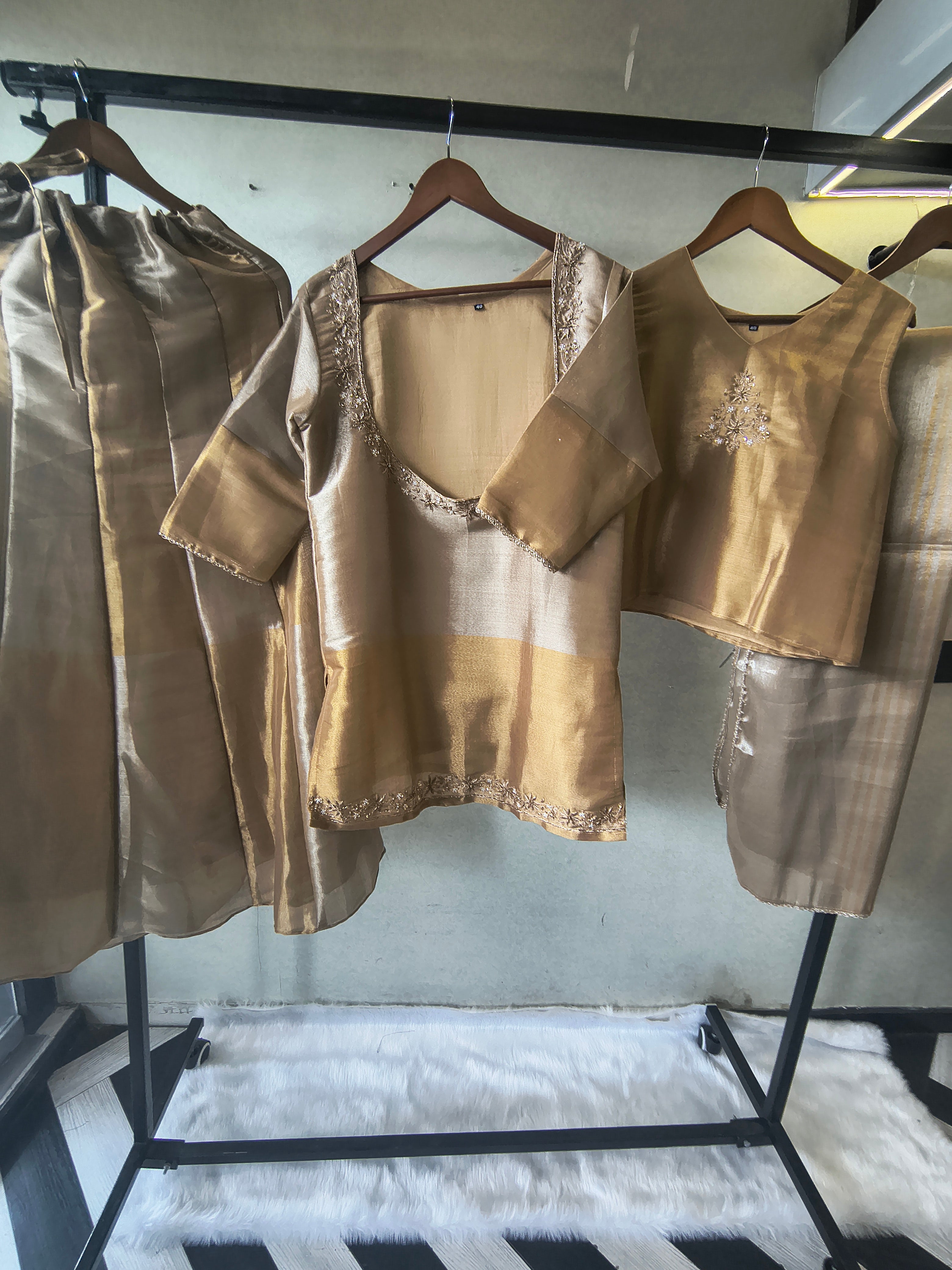 Image of Champagne Gold Tissue Silk Embroidered Layered Kurta with Inner, Palazzo & Woven Dupatta – 4 Piece Designer Festive Set