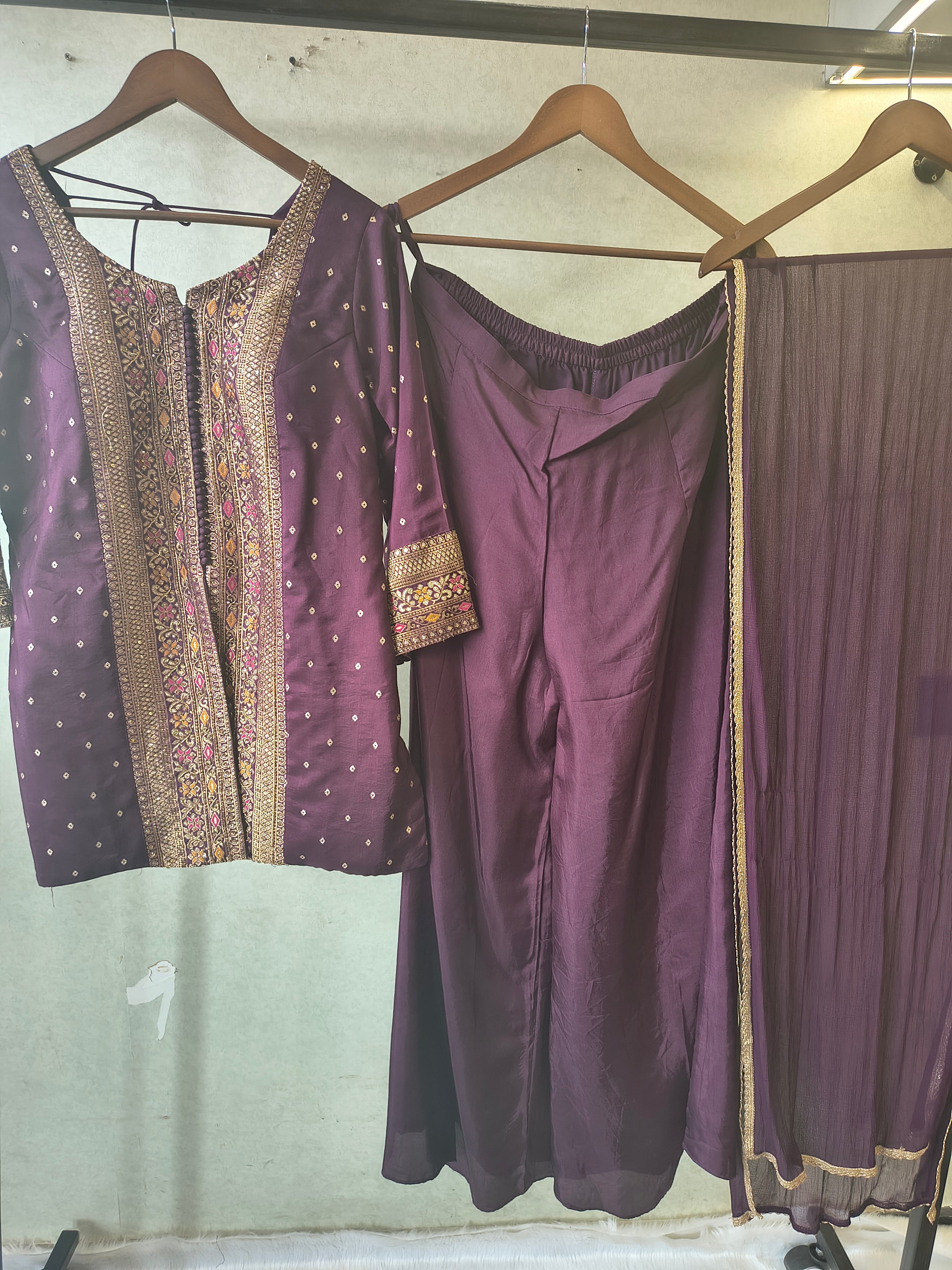 Image of Royal Purple Embroidered Straight Kurta Set with Flared Palazzo & Pleated Dupatta – Designer 3 Piece Festive Ensemble