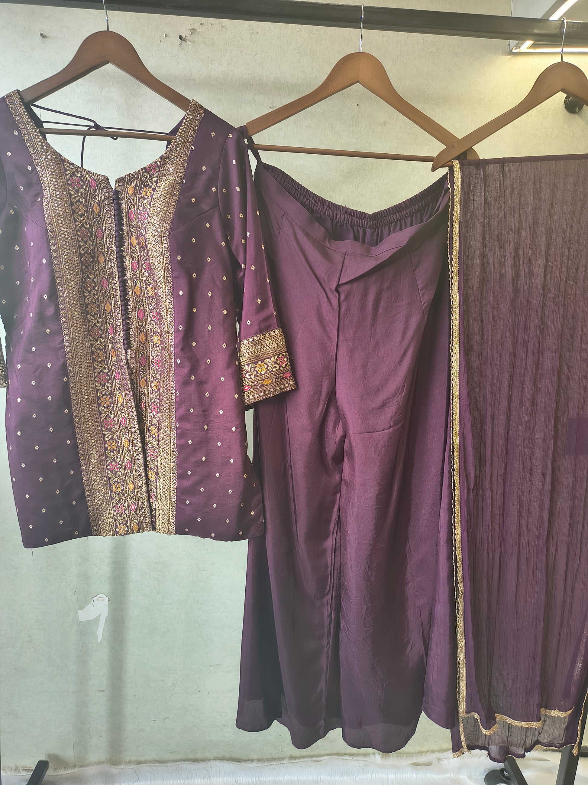 Royal Purple Embroidered Straight Kurta Set with Flared Palazzo & Pleated Dupatta – Designer 3 Piece Festive Ensemble