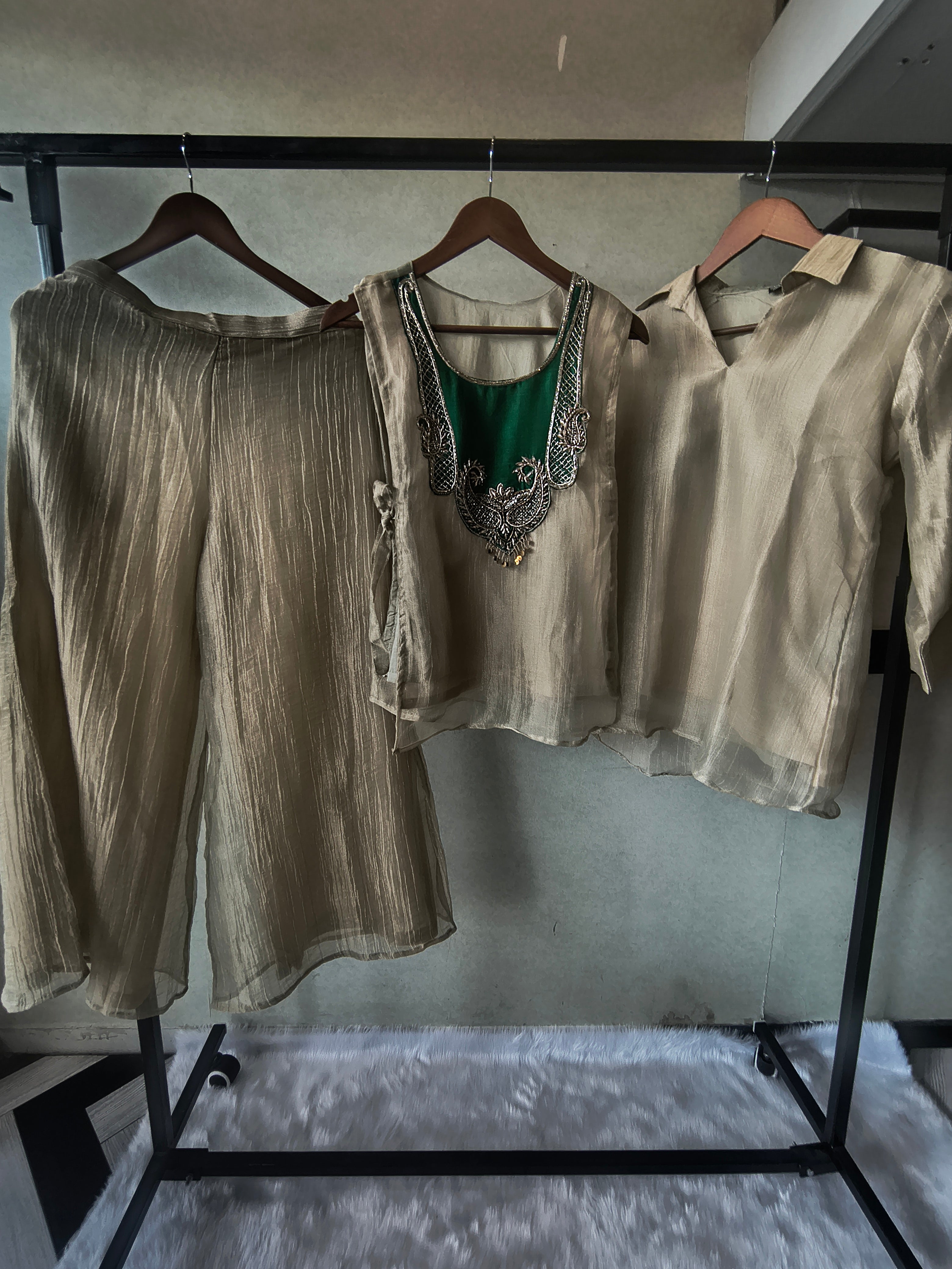 Image of Premium Champagne Gold Tissue Silk 3-Piece Co-Ord Set with Emerald Hand Embellished Jacket, Inner & Palazzo