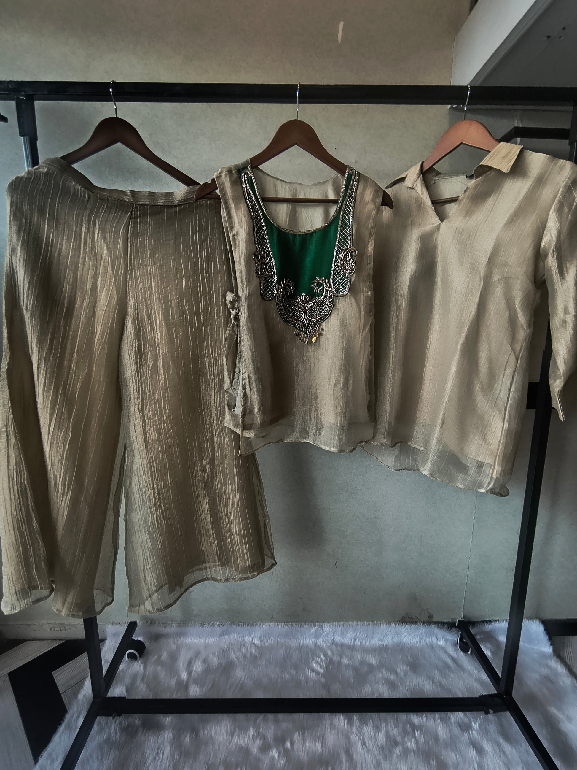 Premium Champagne Gold Tissue Silk 3-Piece Co-Ord Set with Emerald Hand Embellished Jacket, Inner & Palazzo