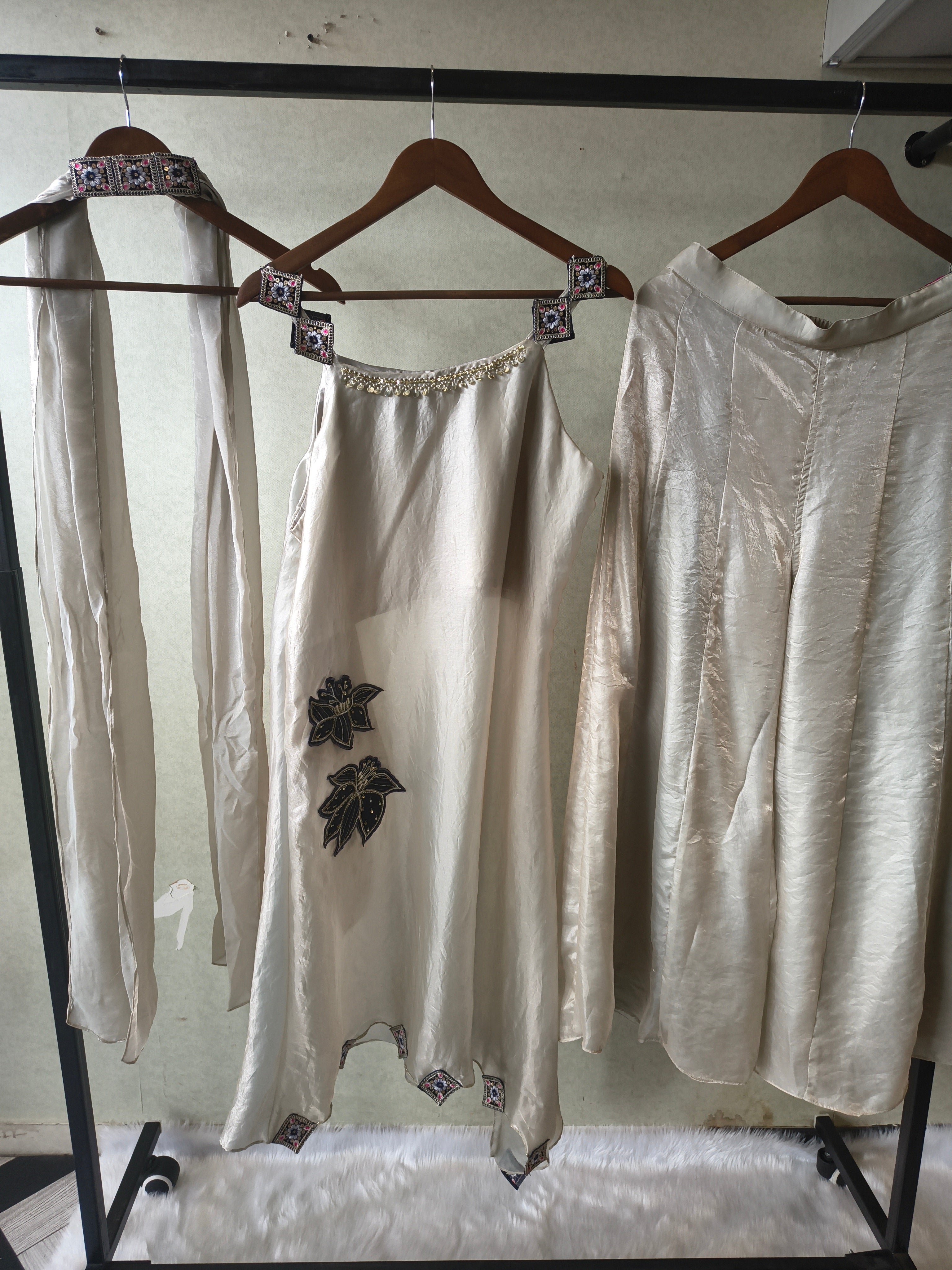 Image of Premium Ivory 3-Piece Designer Indo-Western Palazzo Set with Asymmetrical Embroidered Kurta & Statement Dupatta