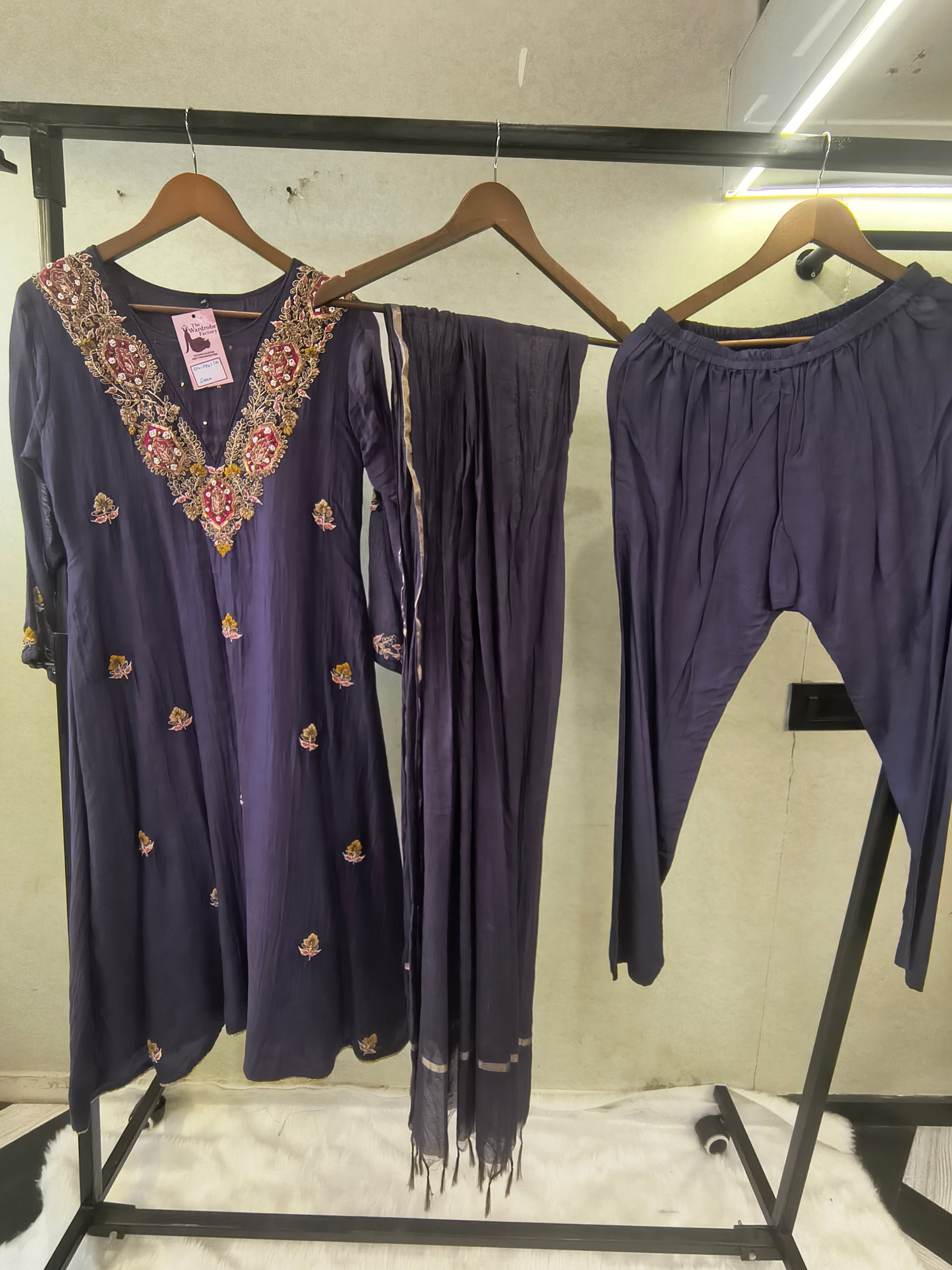 Midnight Navy Hand-Embroidered Straight Kurta Set with Statement Neckline, Churidar Pants & Tassel Dupatta | Premium 3 Piece Festive Ensemble