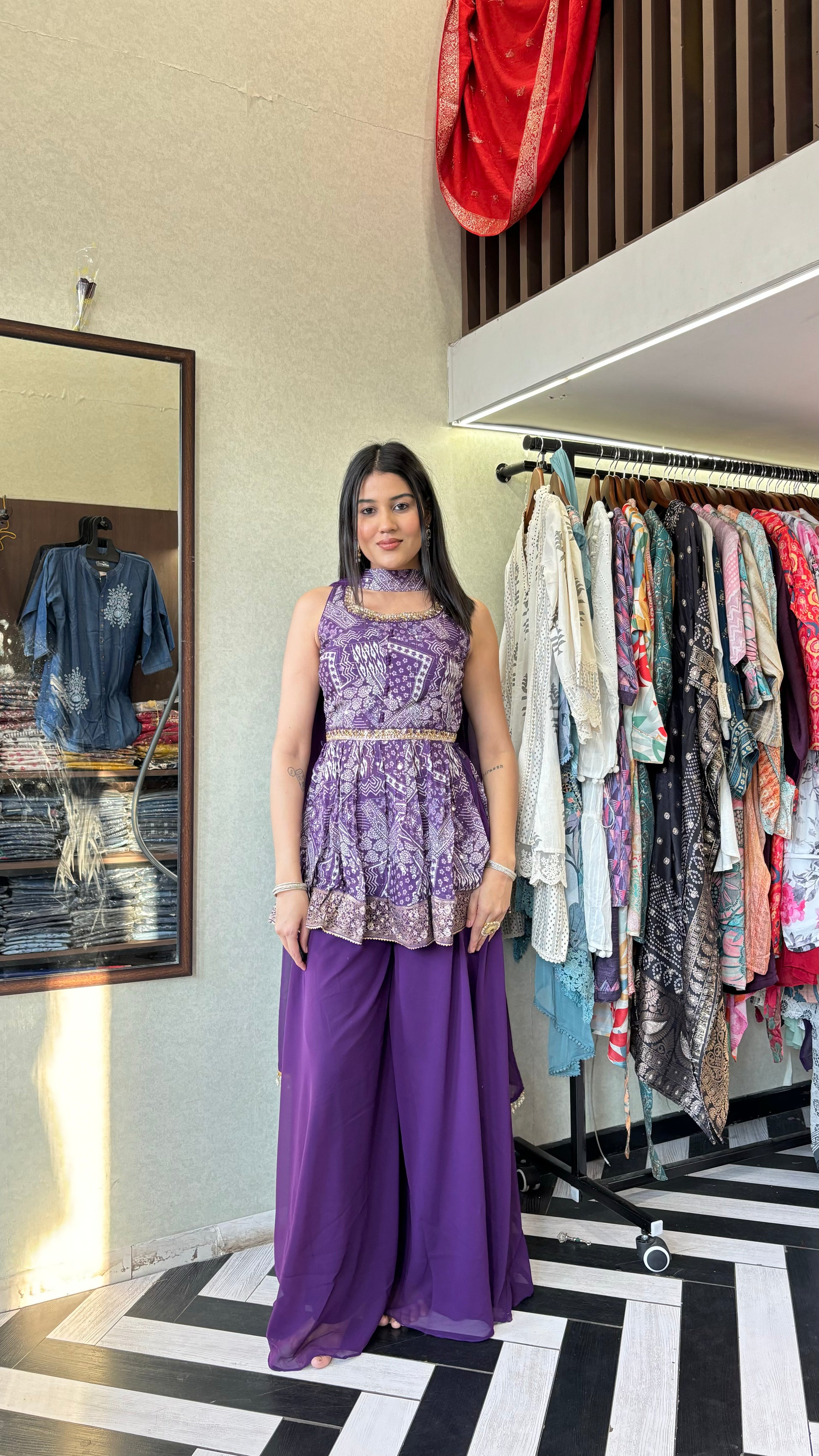 Pure Chinnon Indo Western Piece with Hand work