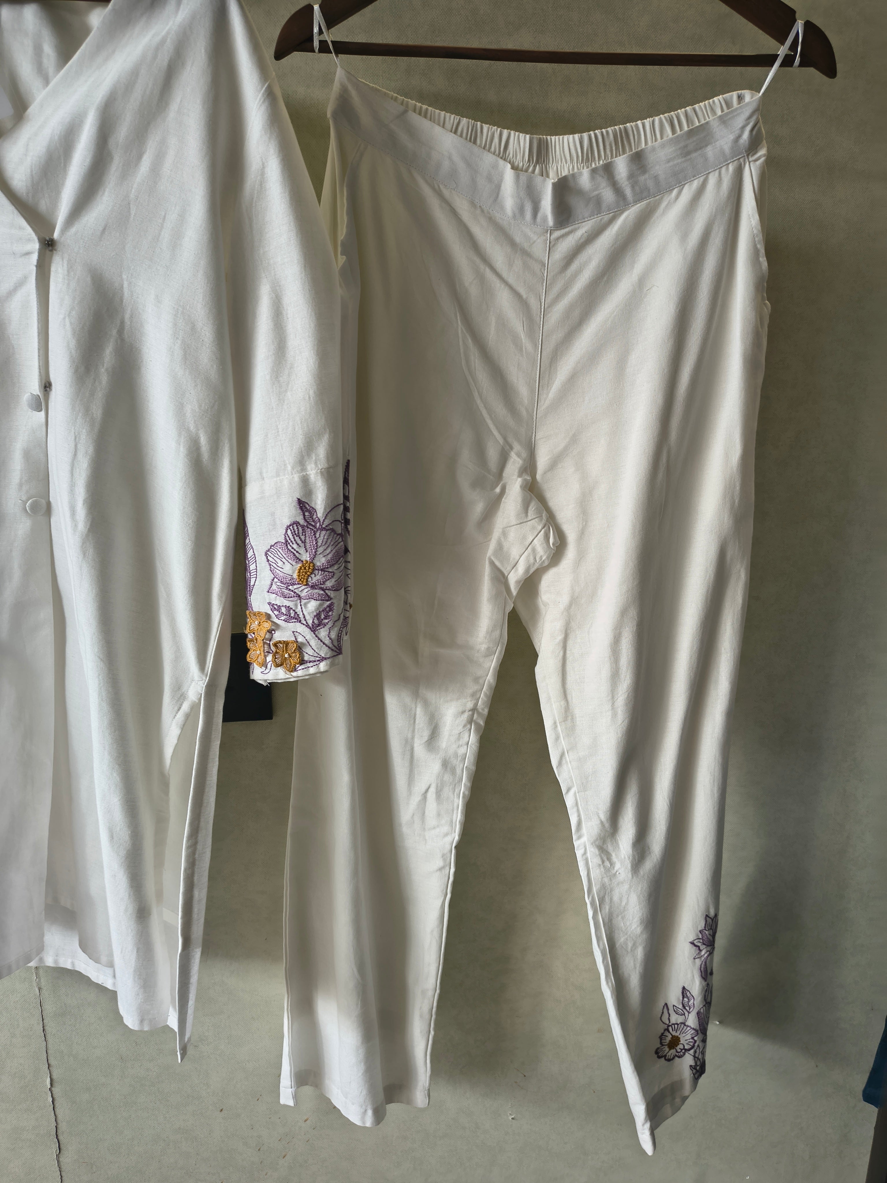 Image of Ivory Lavender Floral Embroidered Designer Wrap Kurta Pant Co-Ord Set