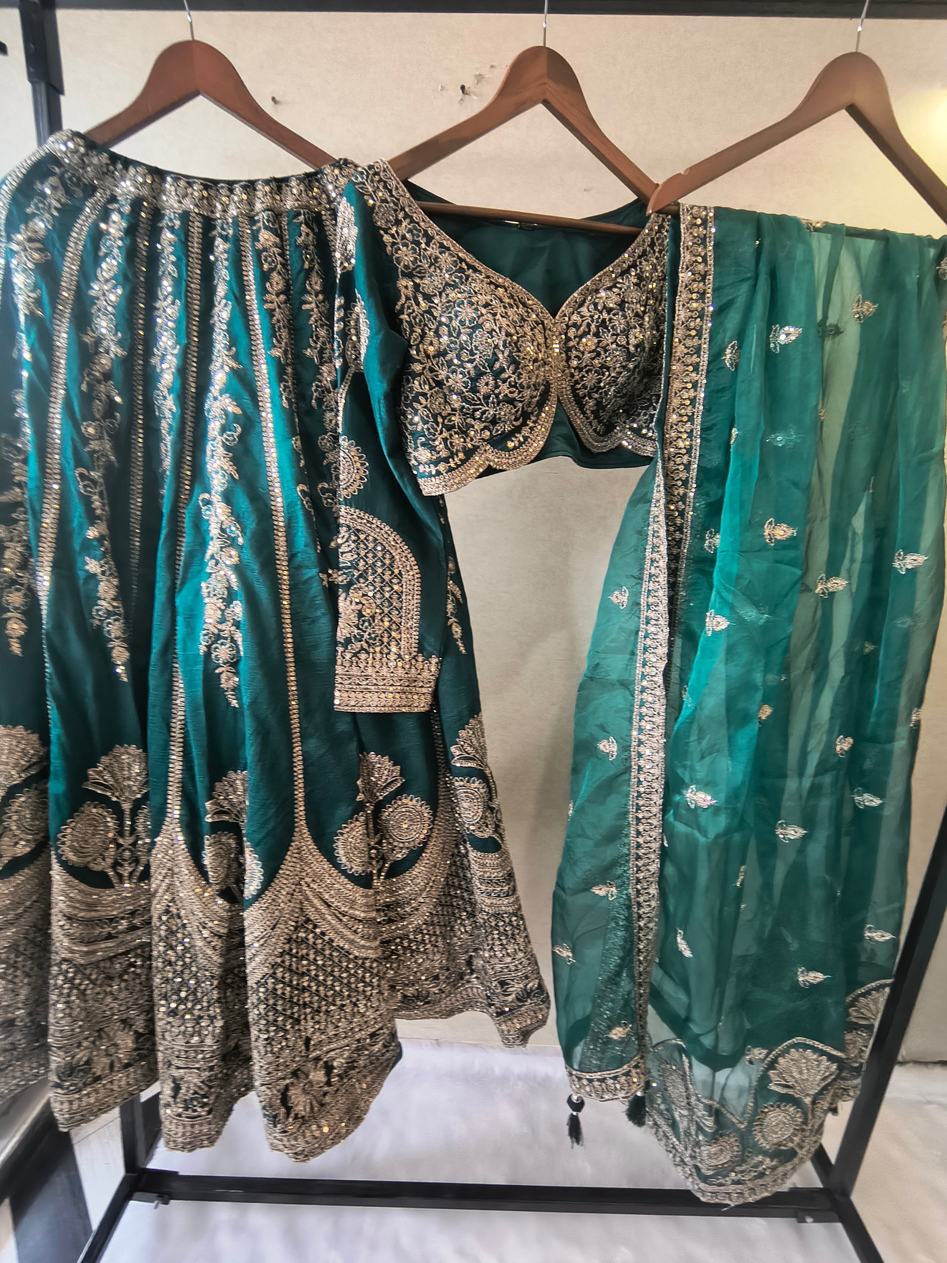 Image of Emerald Teal Heavy Embroidered Designer Lehenga Set with Bridal Blouse & Organza Dupatta | Premium Wedding Collection