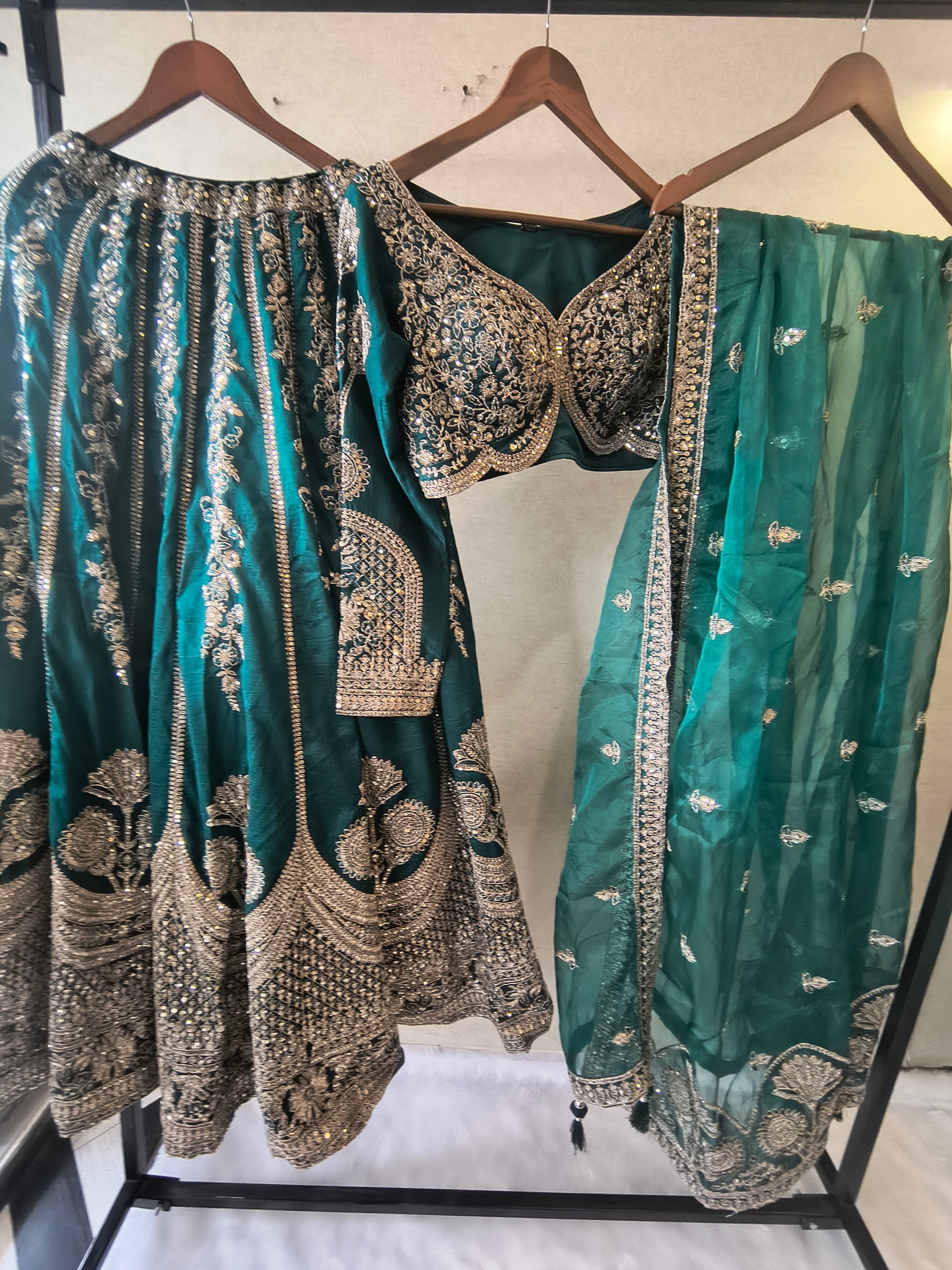 Emerald Teal Heavy Embroidered Designer Lehenga Set with Bridal Blouse & Organza Dupatta | Premium Wedding Collection