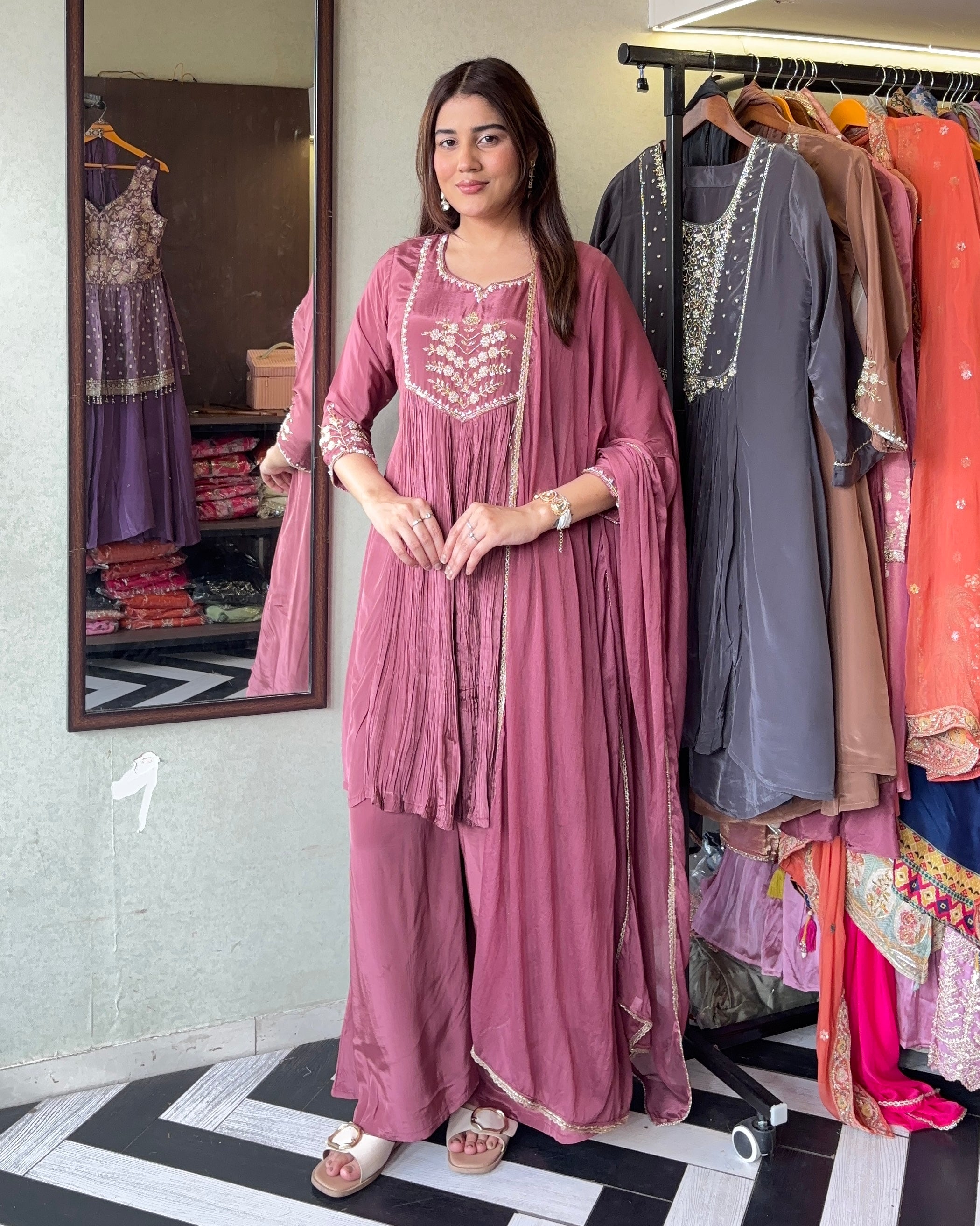 Image of Pure Crepe 3-Piece Indo-Western Fusion Set | Designer Top & Plazzo | Handwork Detailing