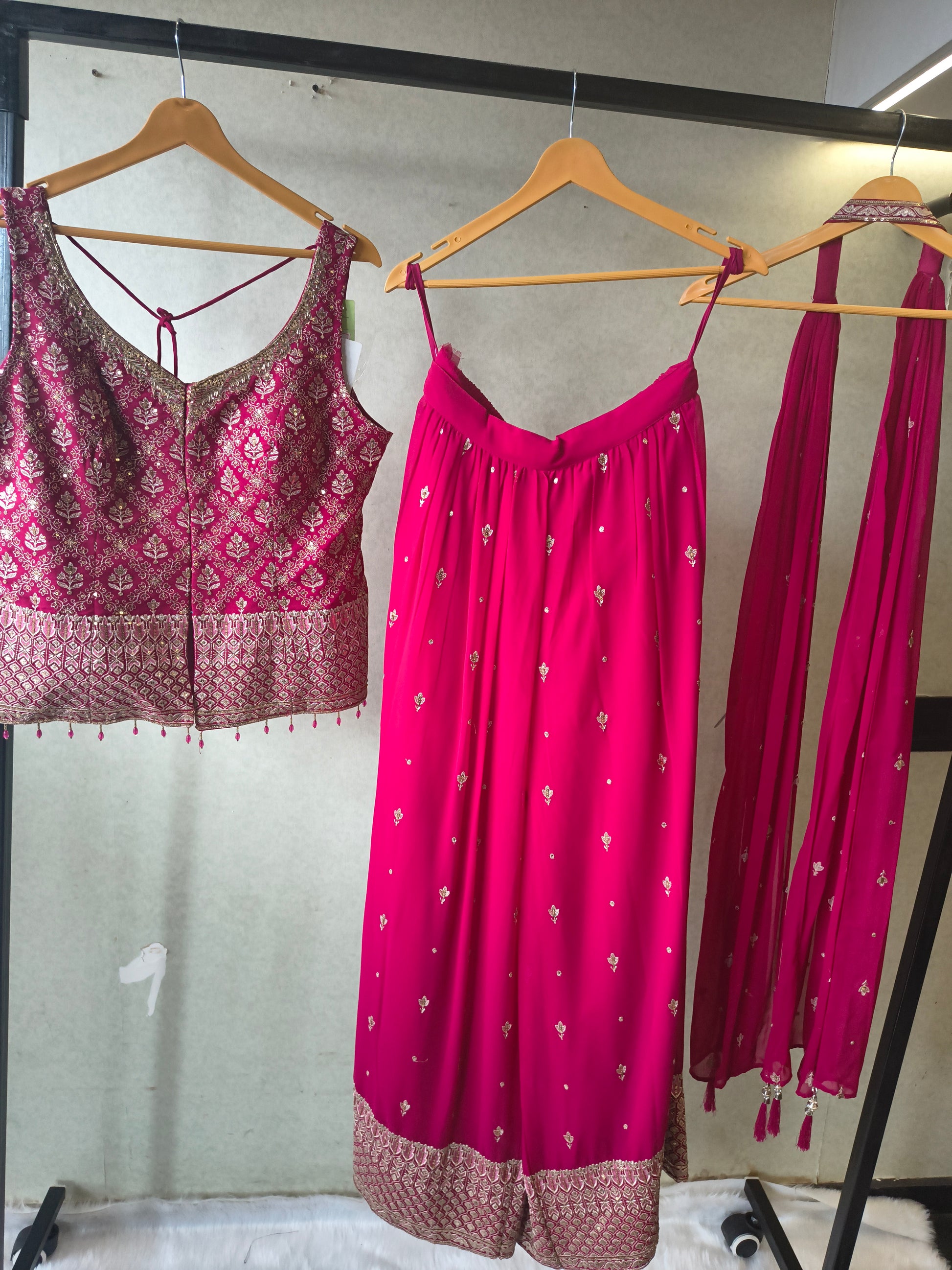 Rani Pink Zari Woven Blouse with Flared Palazzo & Embellished Dupatta – Designer 3 Piece Festive Set