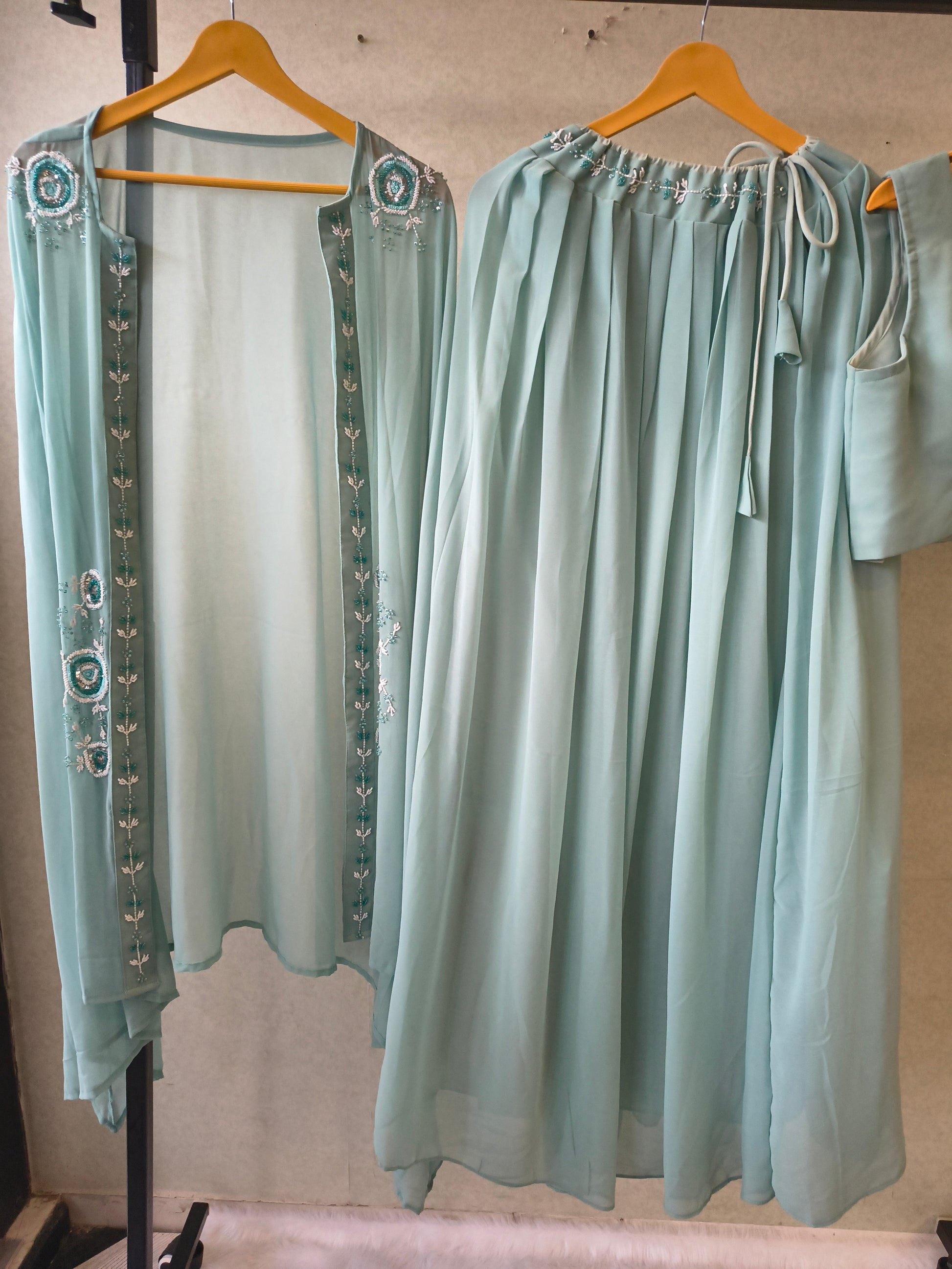 Powder Blue Designer Crop Top Sharara Set with Embroidered Cape & Flared Palazzo | Premium 3 Piece Occasion Wear