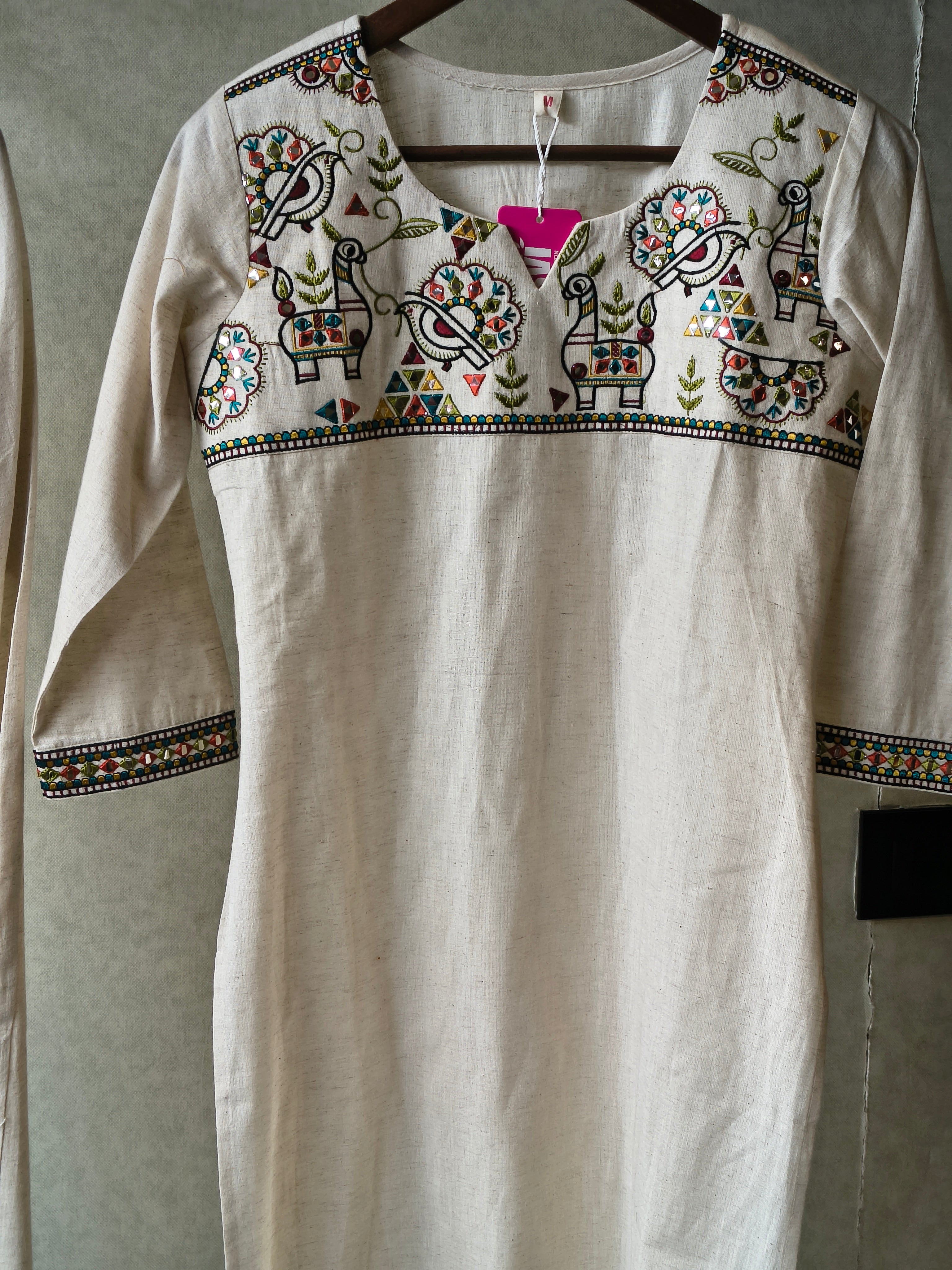 Image of Ivory Cotton Linen Kurta Set with Multicolour Folk Embroidery & Straight Pants