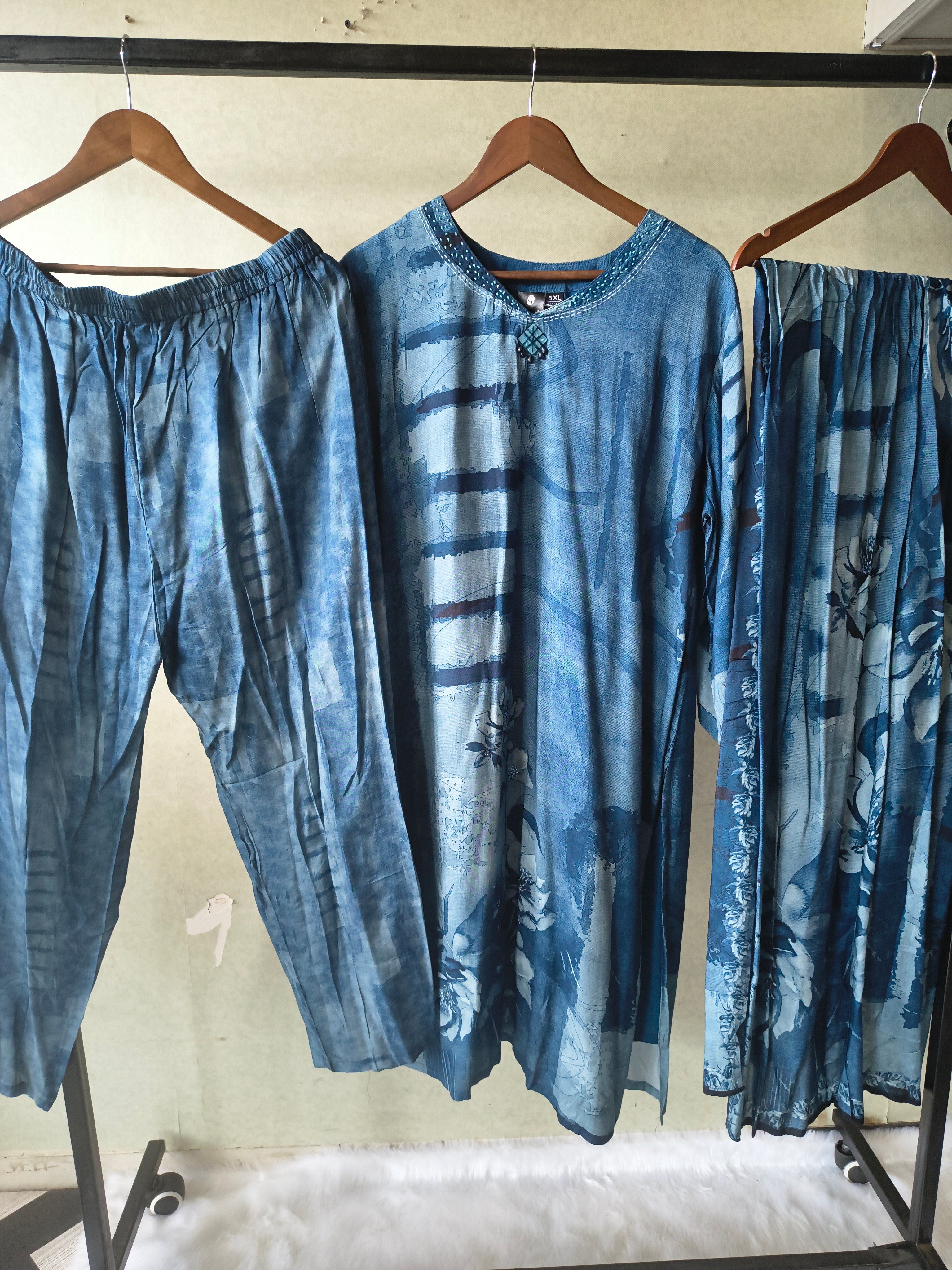 Image of Premium Teal Blue Abstract Printed Kurta Set with Pants & Dupatta