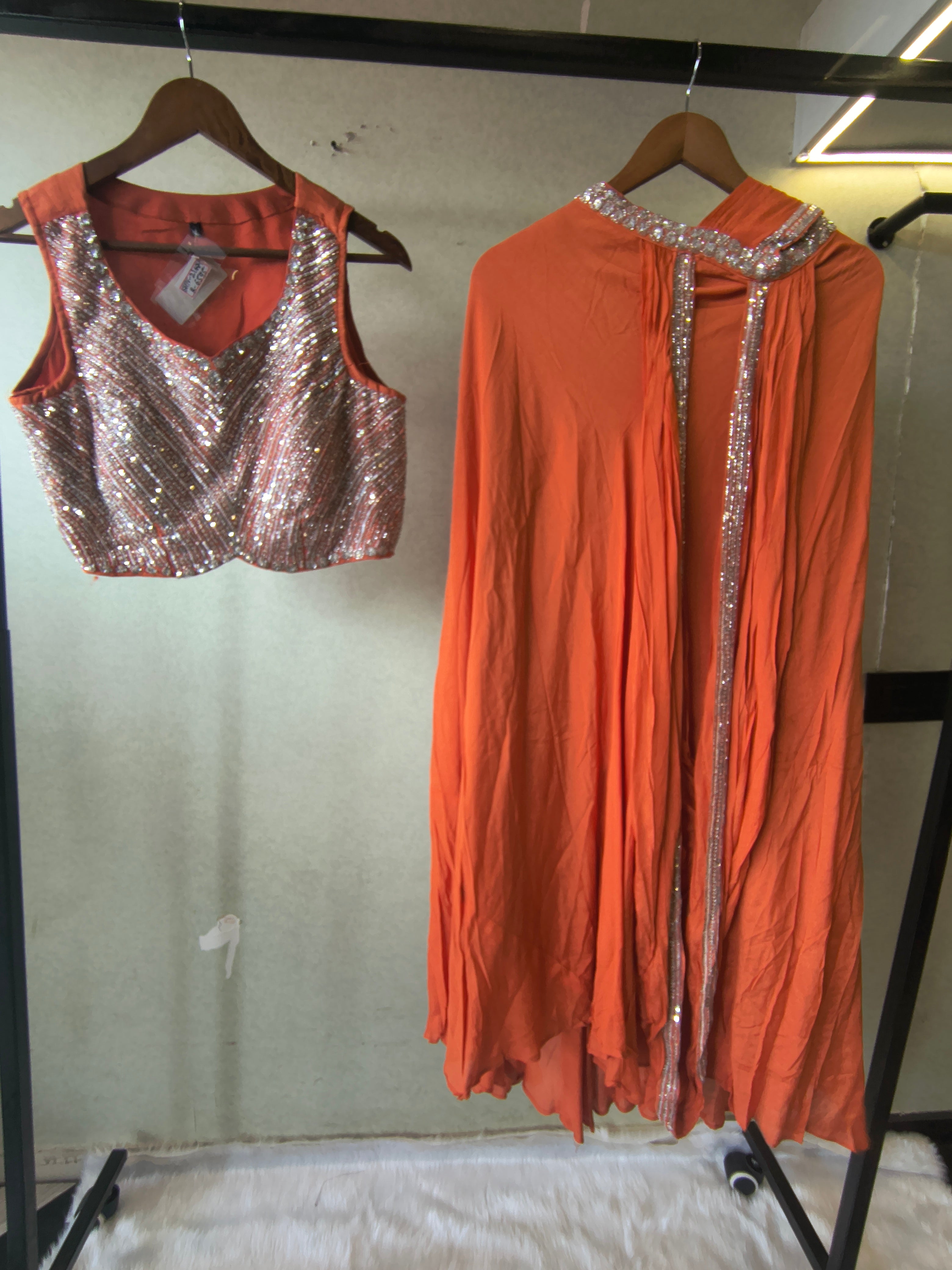 Image of Burnt Orange Embellished Designer Blouse with Drape Palazzo & Cape – 3 Piece Indo-Western Party Wear Set