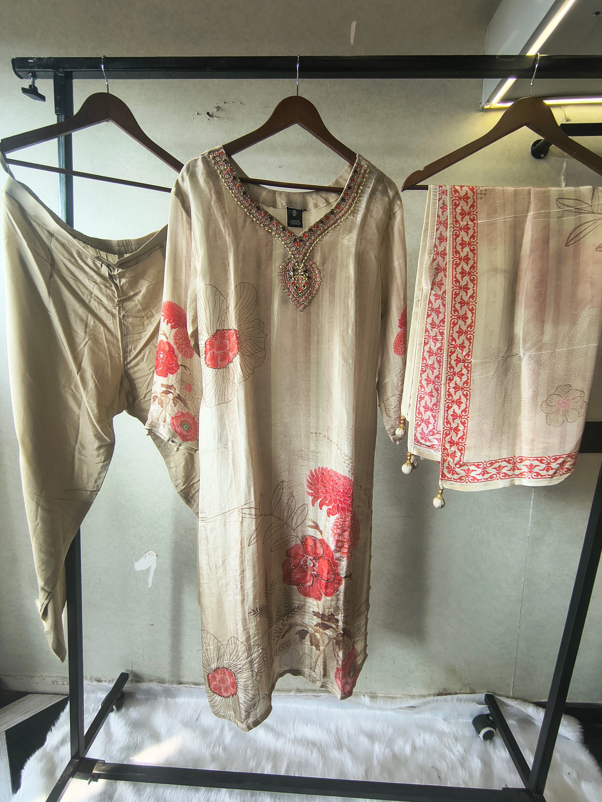 Beige Floral Printed Silk Blend Kurta Set with Hand-Embellished Neckline & Designer Dupatta – Premium 3 Piece Ethnic Ensemble