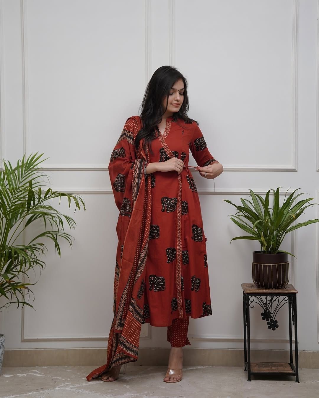Image of Hathi Print Embroidery Cotton Kurti Set