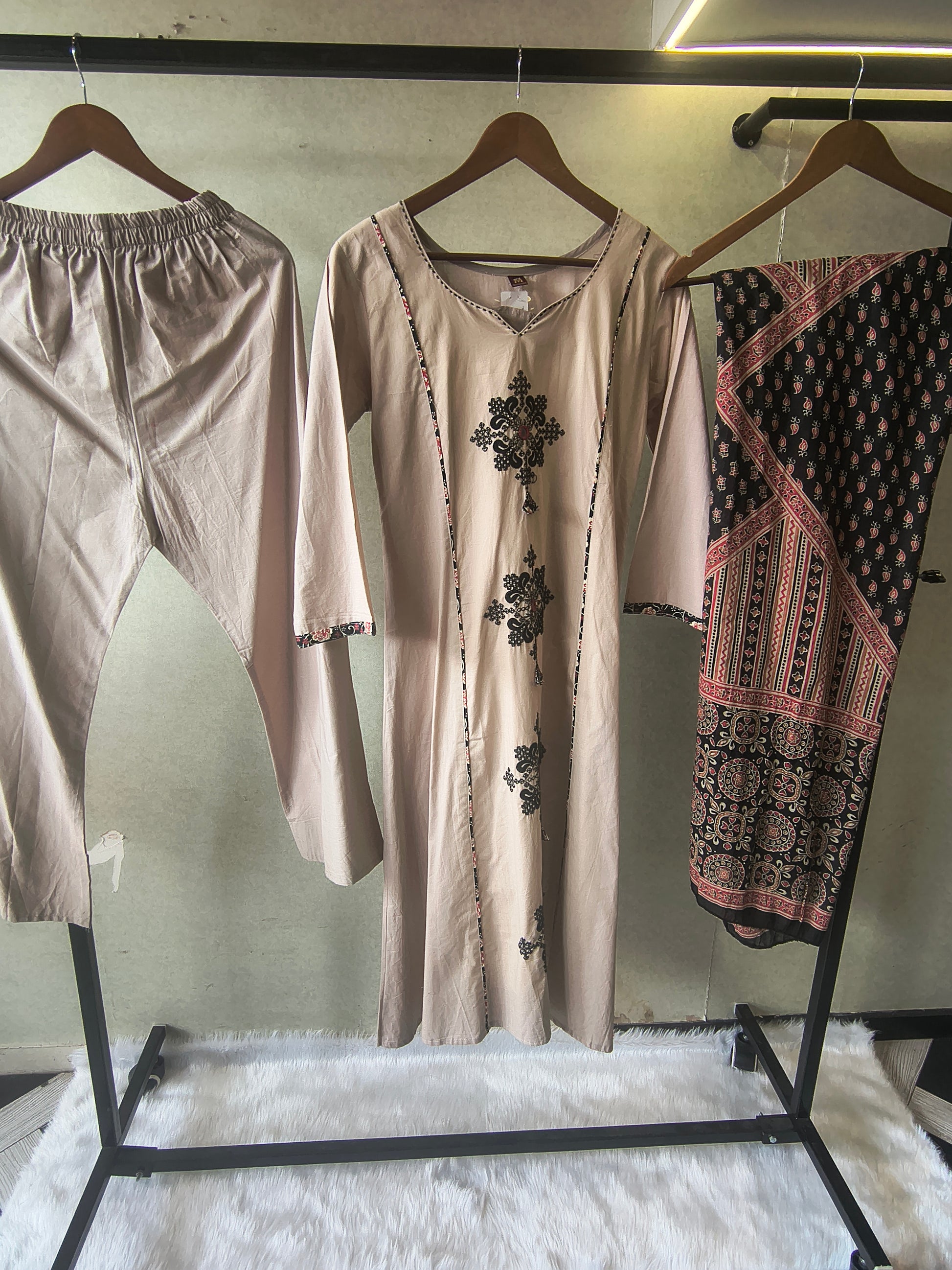 Blush Beige Cotton Straight Kurta Set with Floral Embroidery & Printed Dupatta