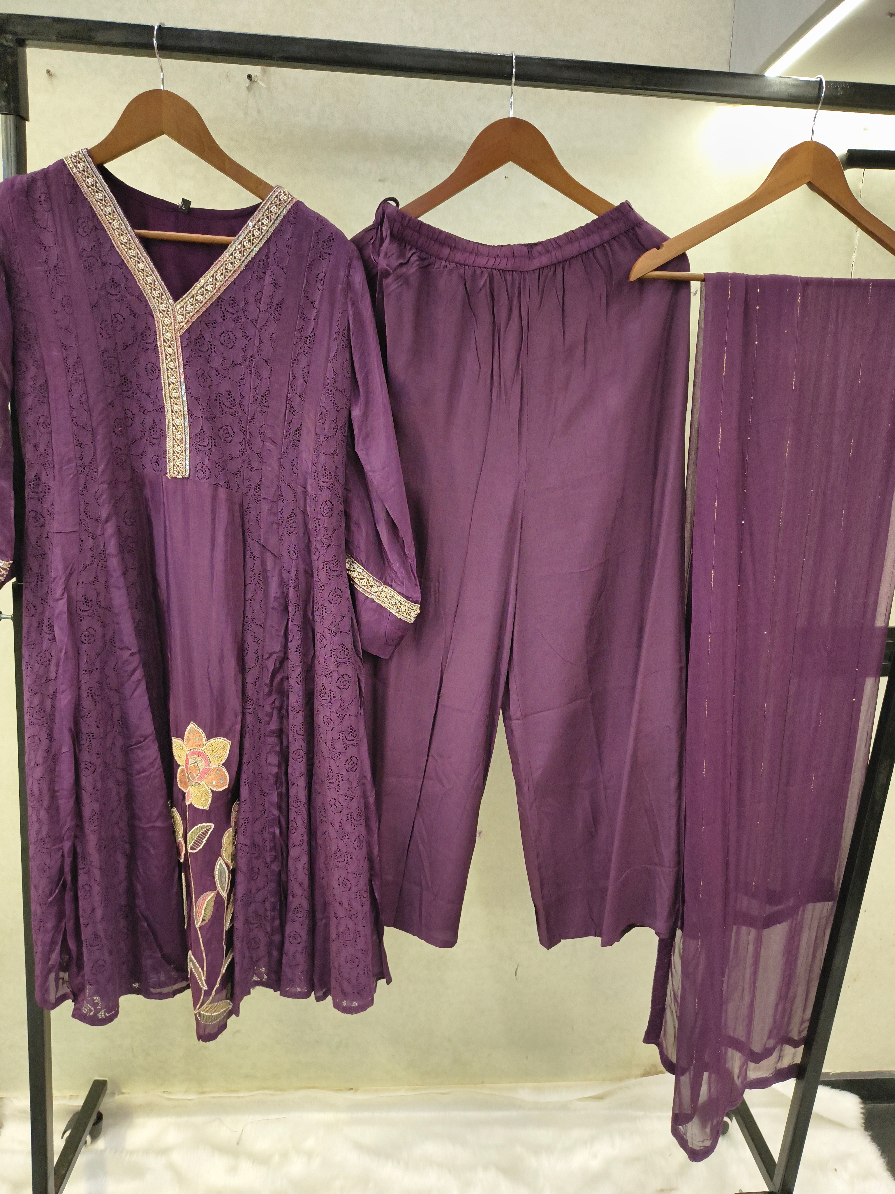 Image of Royal Purple Designer Lace Panel Anarkali Kurta Set with Floral Embroidery & Sheer Dupatta | Premium 3 Piece Festive Ensemble
