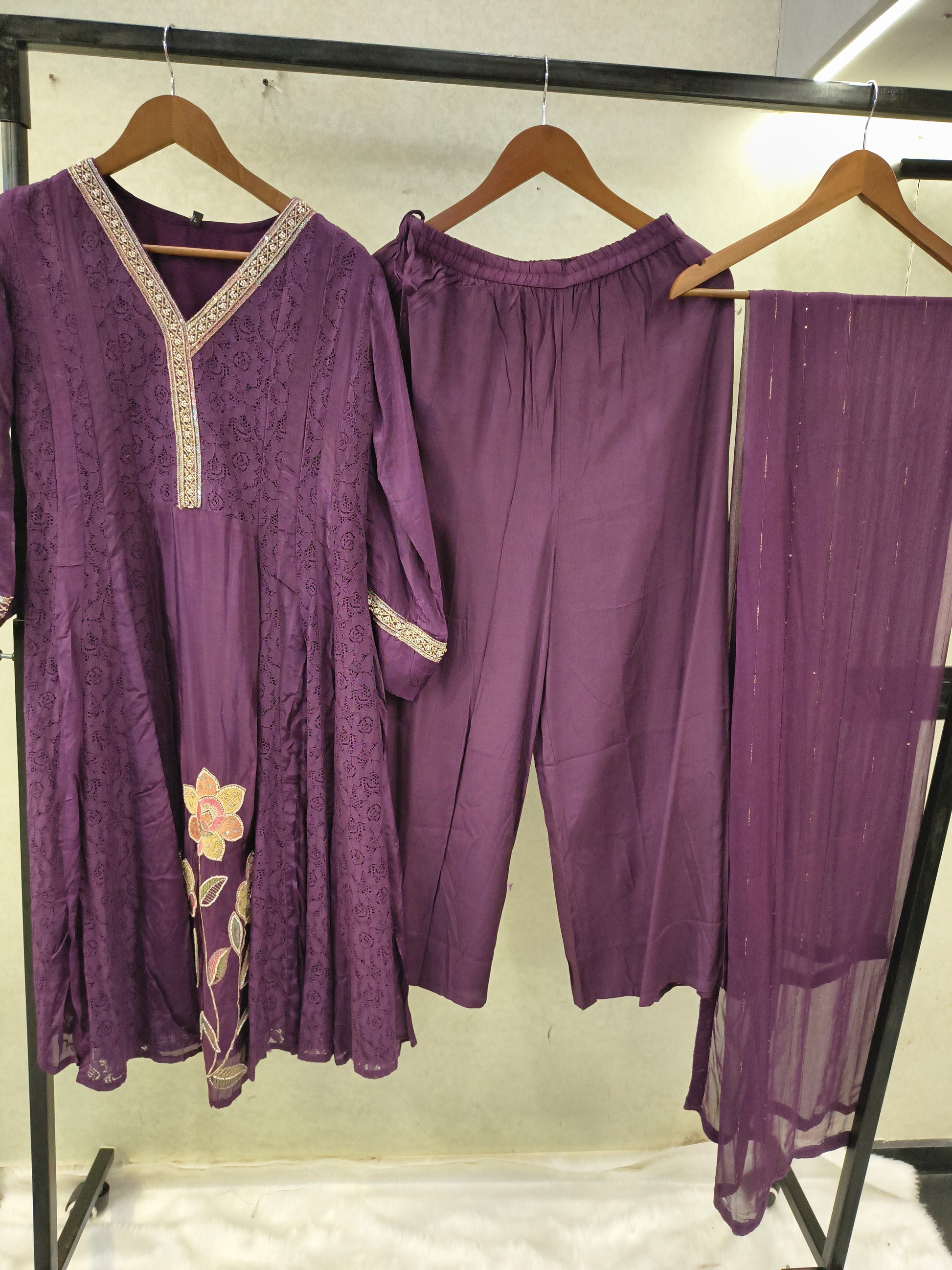 Royal Purple Designer Lace Panel Anarkali Kurta Set with Floral Embroidery & Sheer Dupatta | Premium 3 Piece Festive Ensemble